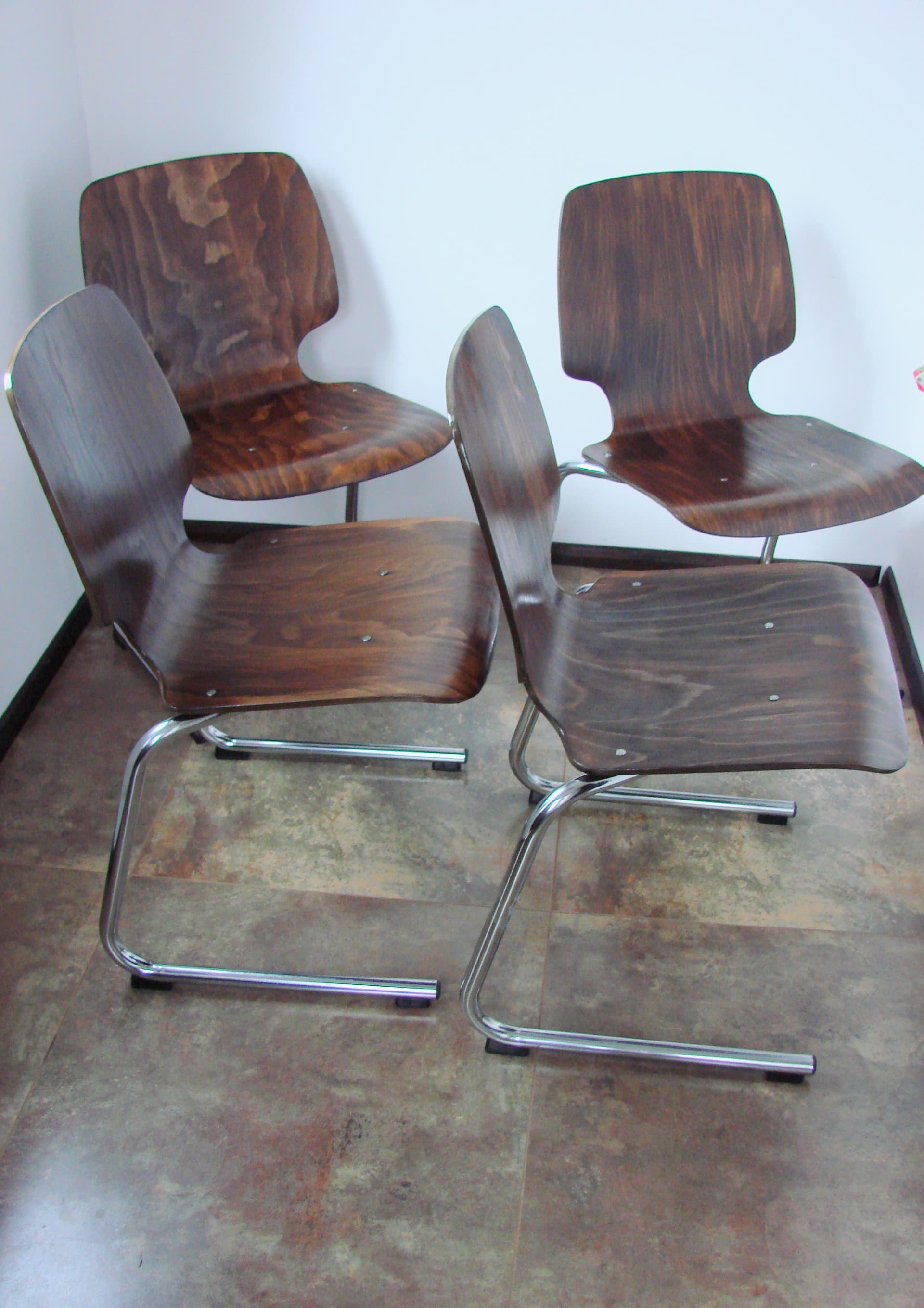 Set of four chairs Flötotto, brown plywood, chromed steel, Kusch+Co, 1960s. - 354046