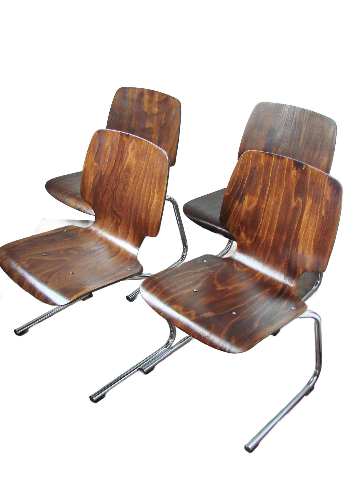 Set of four chairs Flötotto, brown plywood, chromed steel, Kusch+Co, 1960s.