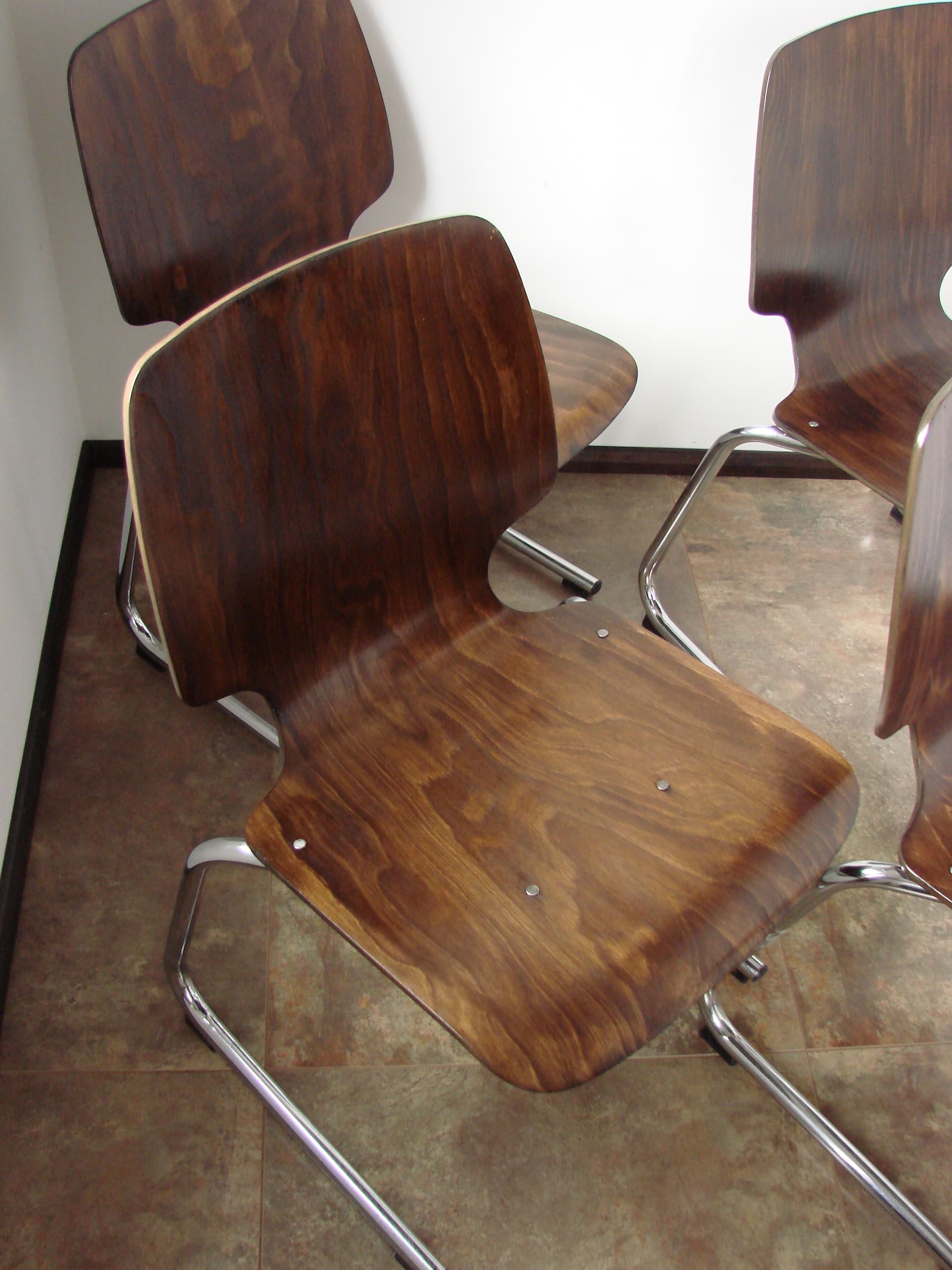 Set of four chairs Flötotto, brown plywood, chromed steel, Kusch+Co, 1960s. - 354042
