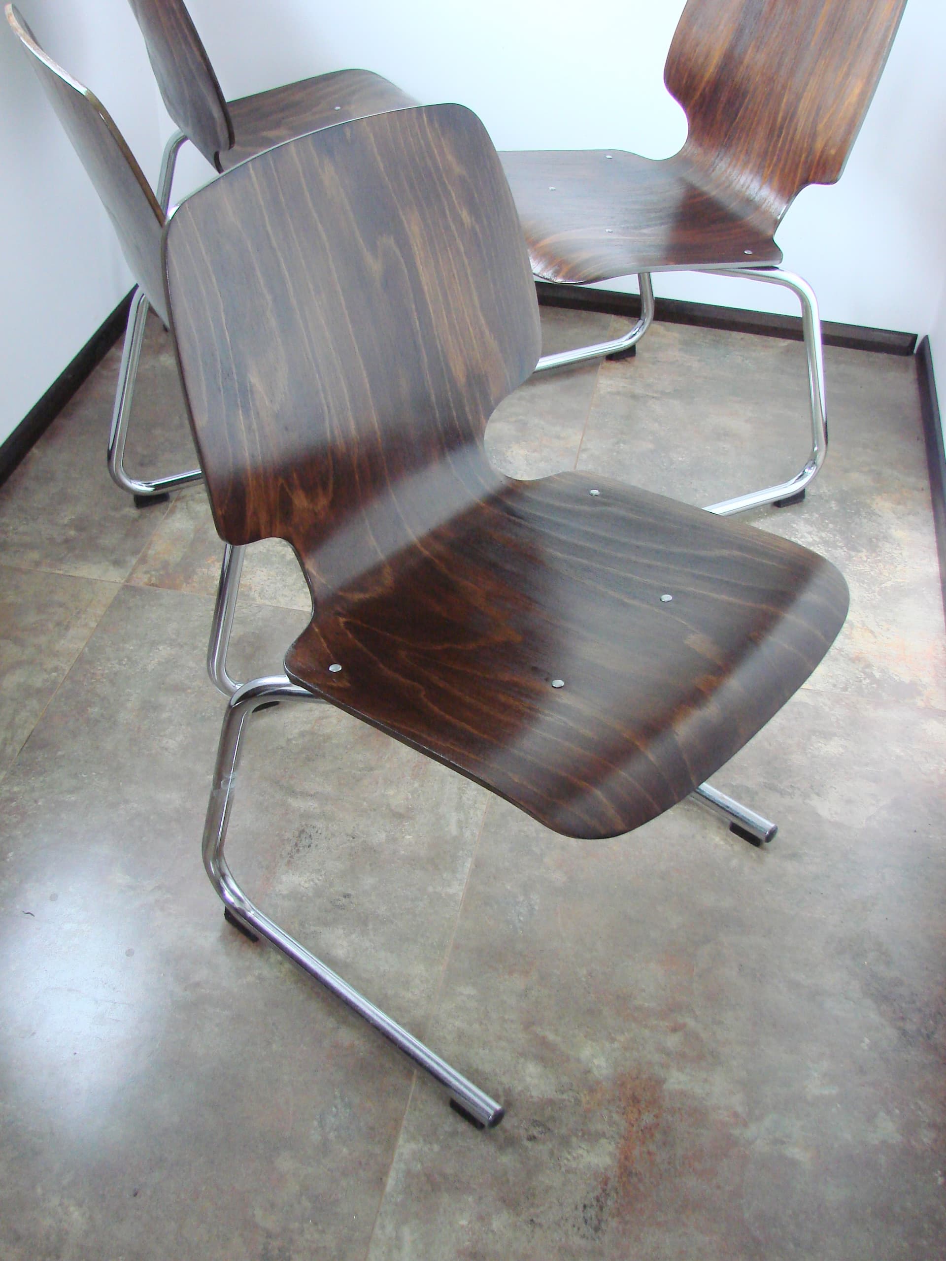 Set of four chairs Flötotto, brown plywood, chromed steel, Kusch+Co, 1960s. - 354043