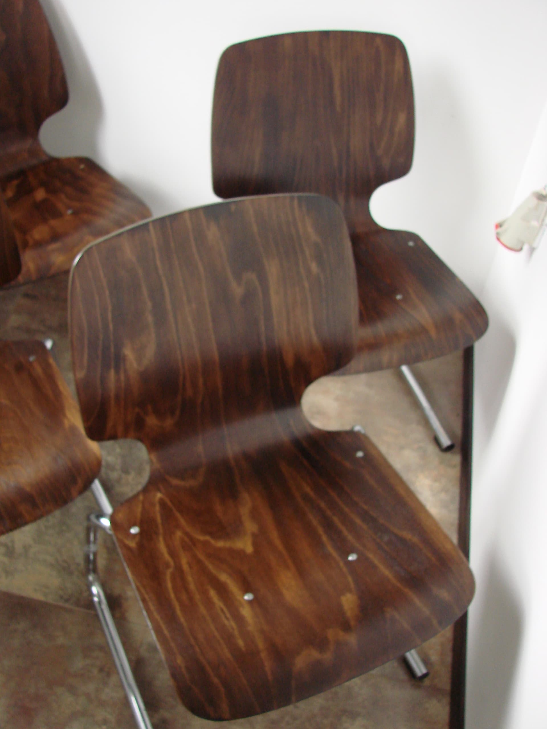 Set of four chairs Flötotto, brown plywood, chromed steel, Kusch+Co, 1960s. - 354040