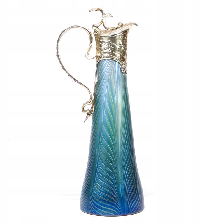 Pitcher Phaenomen Genres, opalescent glass blue green yellow, gilt pewter, Loetz Witwe, Austria, 19th century - 354054