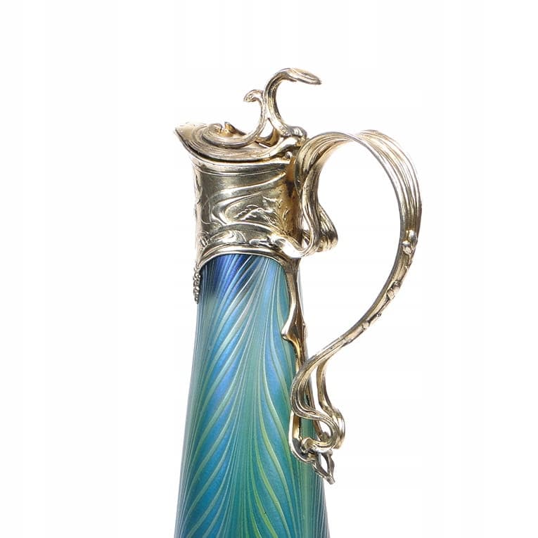 Pitcher Phaenomen Genres, opalescent glass blue green yellow, gilt pewter, Loetz Witwe, Austria, 19th century - 354050