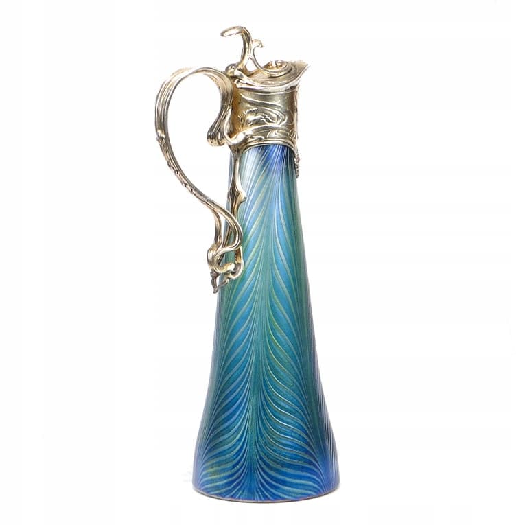 Pitcher Phaenomen Genres, opalescent glass blue green yellow, gilt pewter, Loetz Witwe, Austria, 19th century - 354053