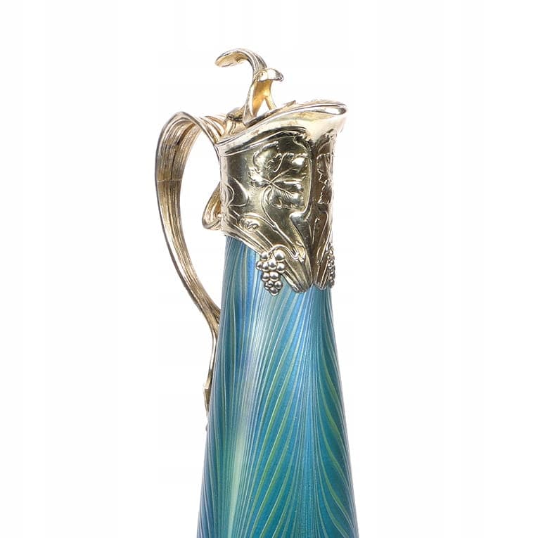Pitcher Phaenomen Genres, opalescent glass blue green yellow, gilt pewter, Loetz Witwe, Austria, 19th century - 354055