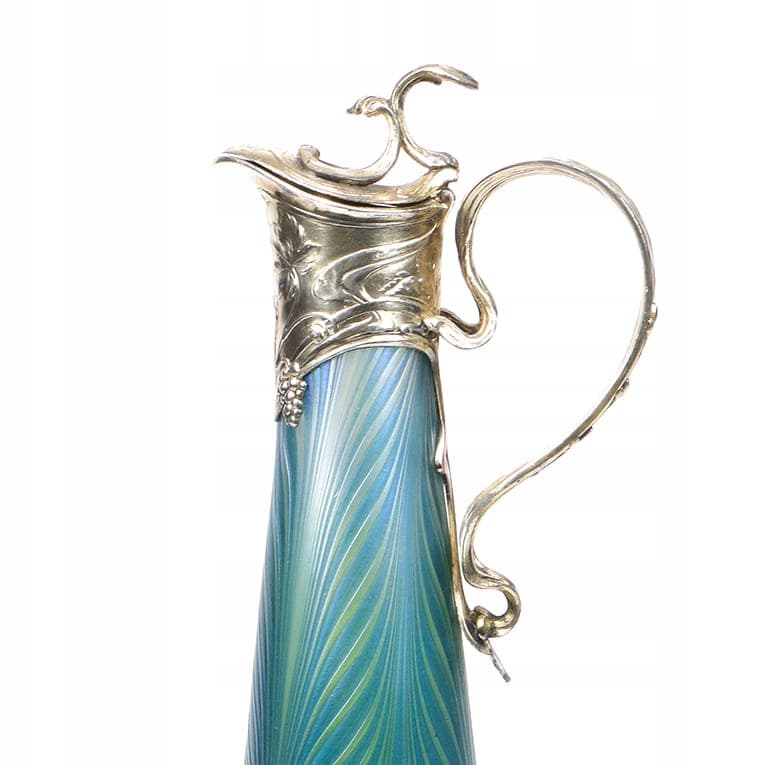 Pitcher Phaenomen Genres, opalescent glass blue green yellow, gilt pewter, Loetz Witwe, Austria, 19th century - 354049