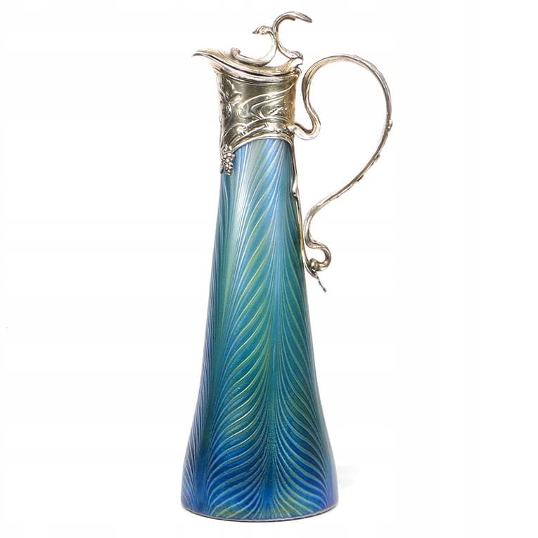 Pitcher Phaenomen Genres, opalescent glass blue green yellow, gilt pewter, Loetz Witwe, Austria, 19th century - 354047