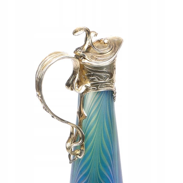 Pitcher Phaenomen Genres, opalescent glass blue green yellow, gilt pewter, Loetz Witwe, Austria, 19th century - 354052
