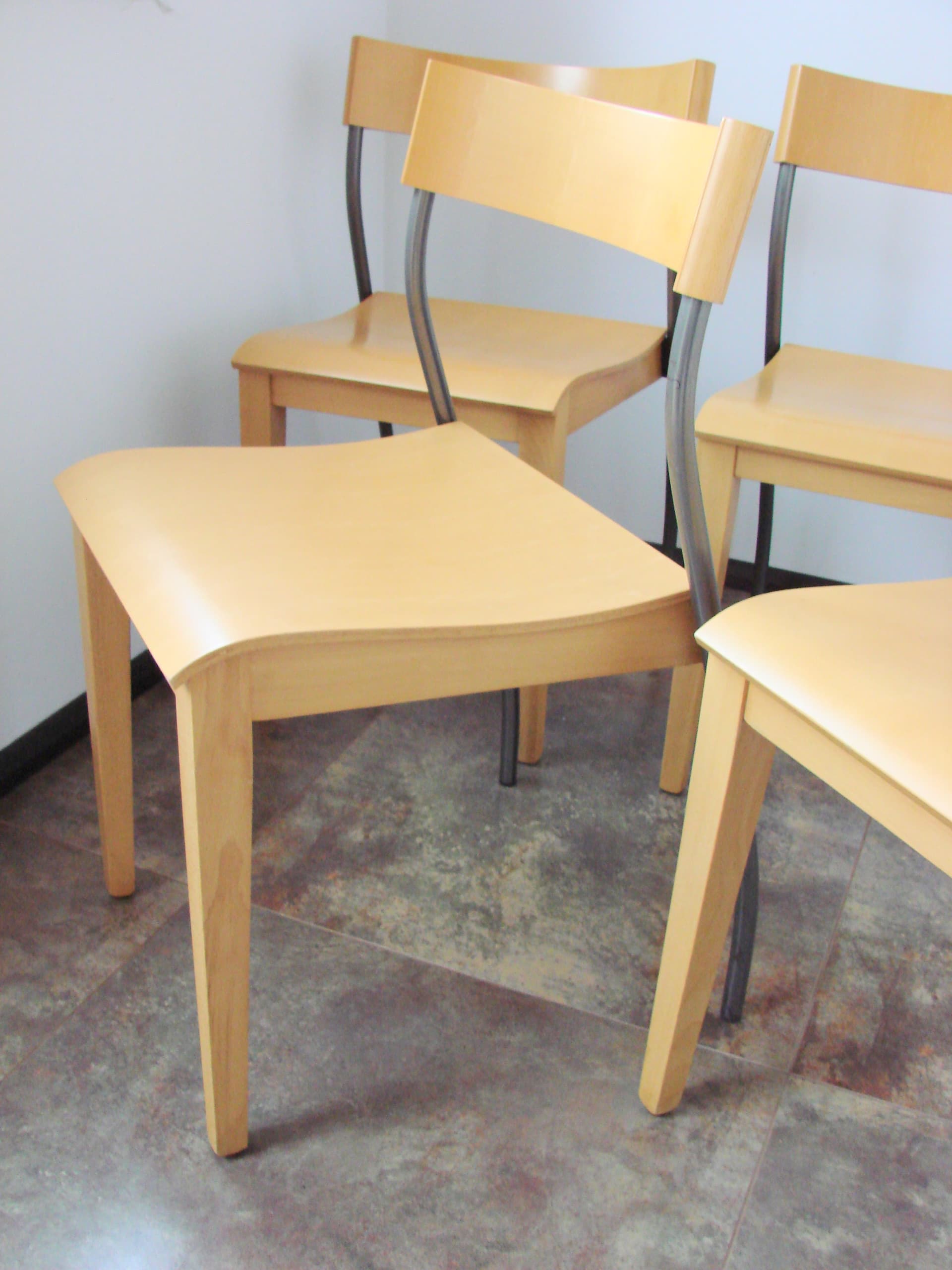 Set of four chairs Nordisk, light brown beech plywood, grey steel, by T. Christensen, Ikea, Denmark, 1990s. - 354063