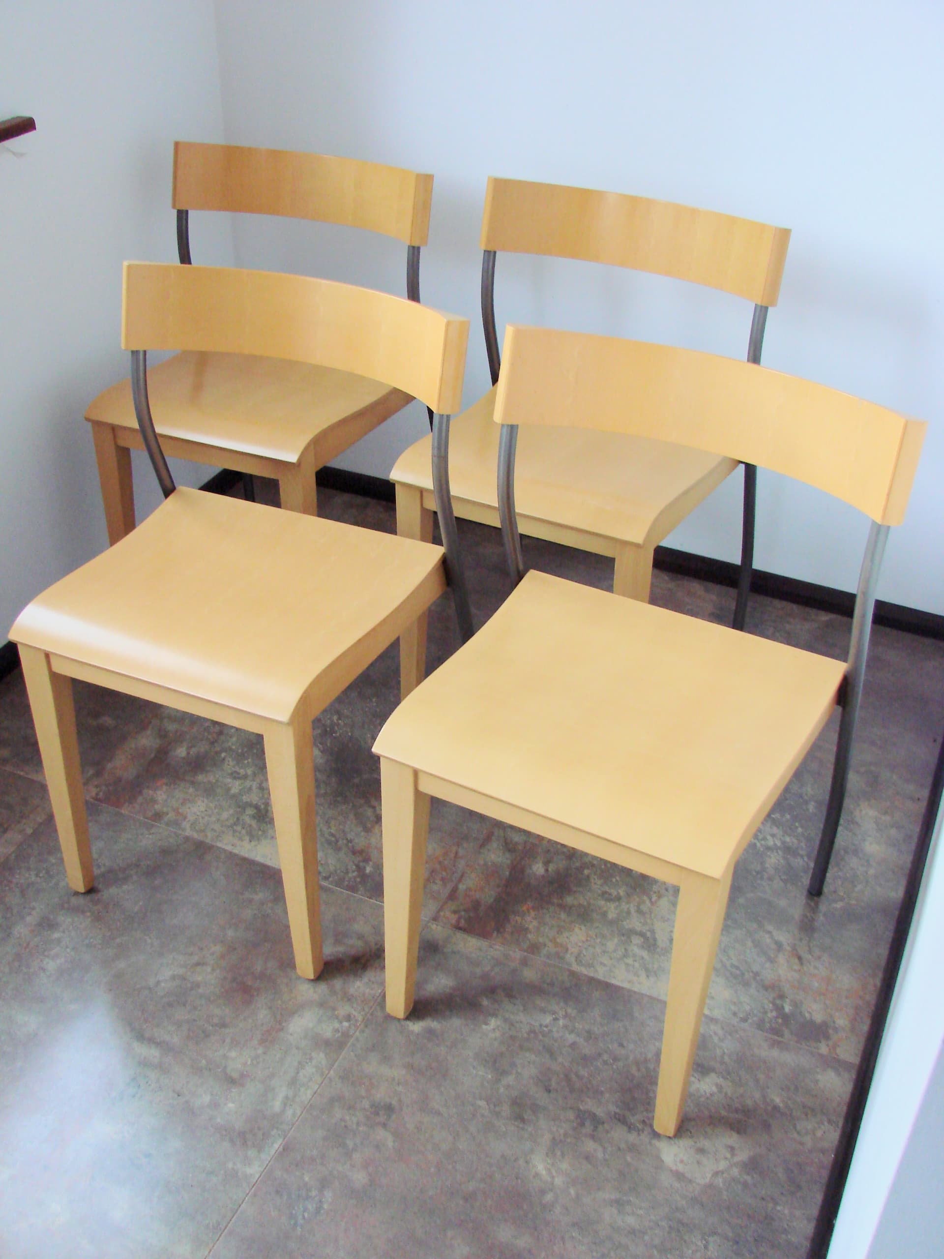 Set of four chairs Nordisk, light brown beech plywood, grey steel, by T. Christensen, Ikea, Denmark, 1990s. - 354062