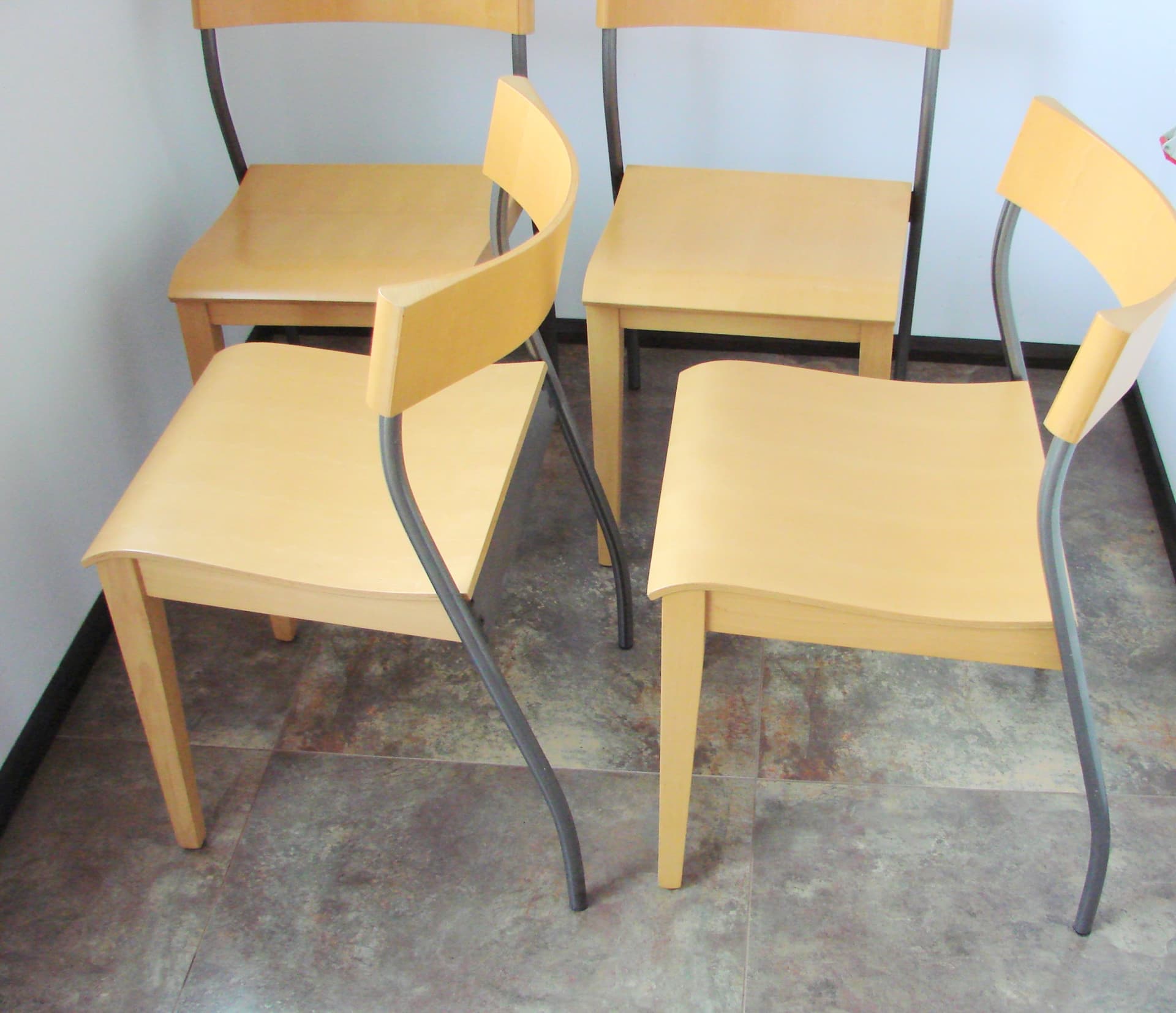 Set of four chairs Nordisk, light brown beech plywood, grey steel, by T. Christensen, Ikea, Denmark, 1990s. - 354066