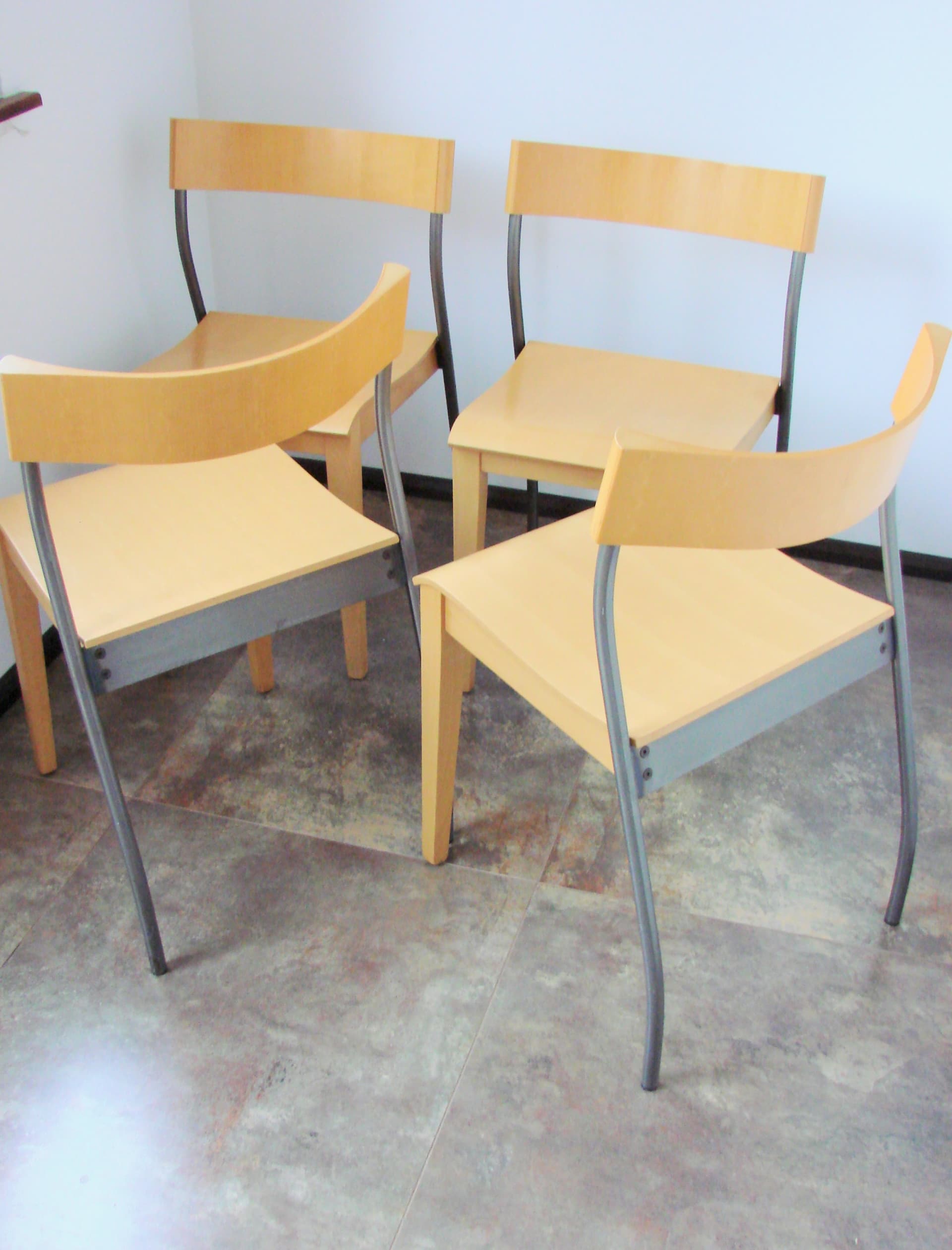Set of four chairs Nordisk, light brown beech plywood, grey steel, by T. Christensen, Ikea, Denmark, 1990s. - 354067