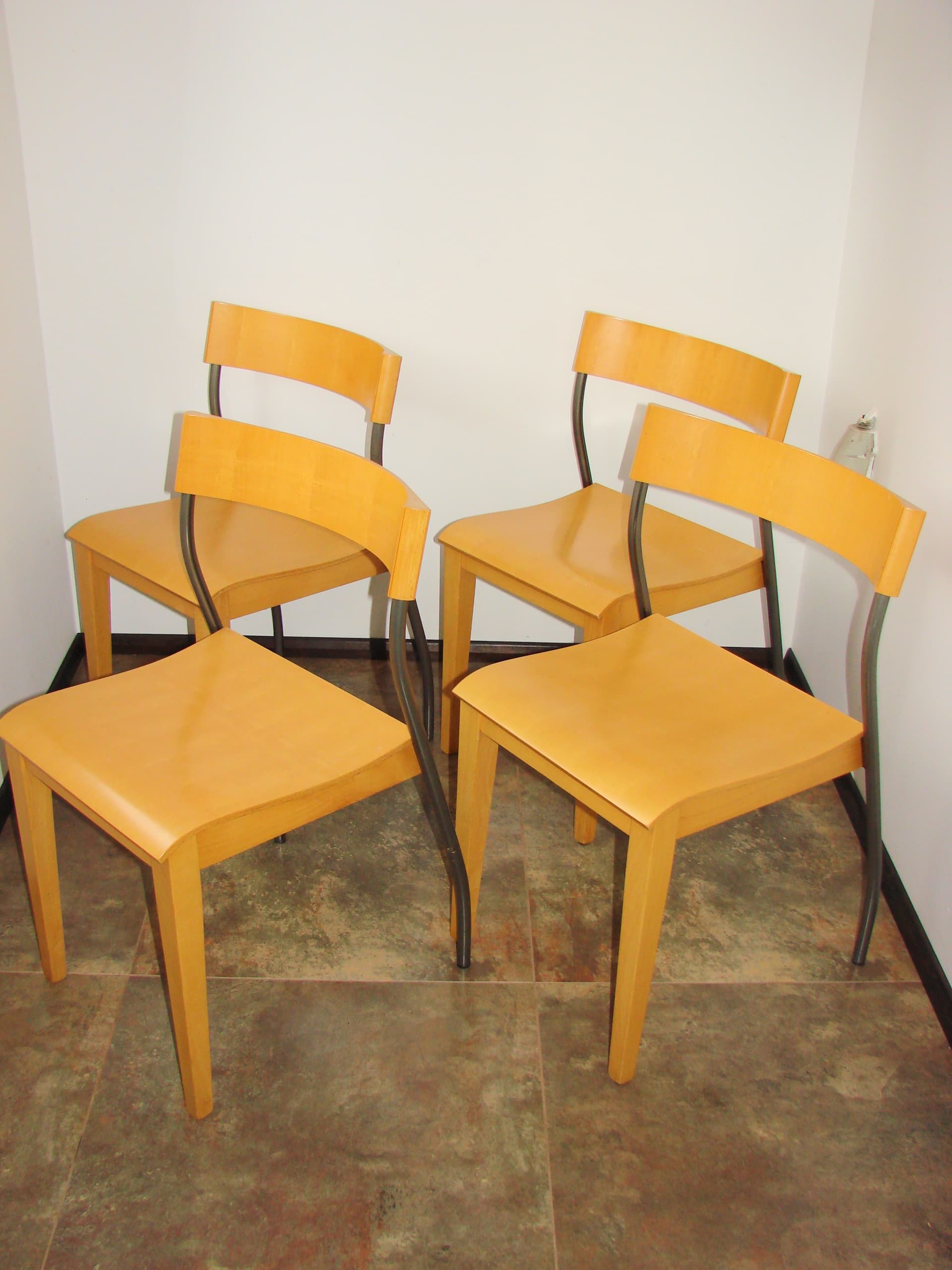 Set of four chairs Nordisk, light brown beech plywood, grey steel, by T. Christensen, Ikea, Denmark, 1990s. - 354057