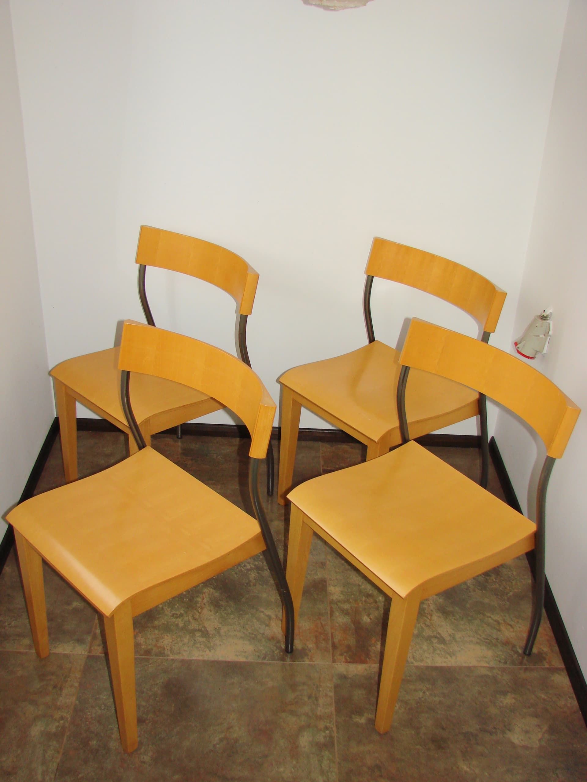 Set of four chairs Nordisk, light brown beech plywood, grey steel, by T. Christensen, Ikea, Denmark, 1990s. - 354059