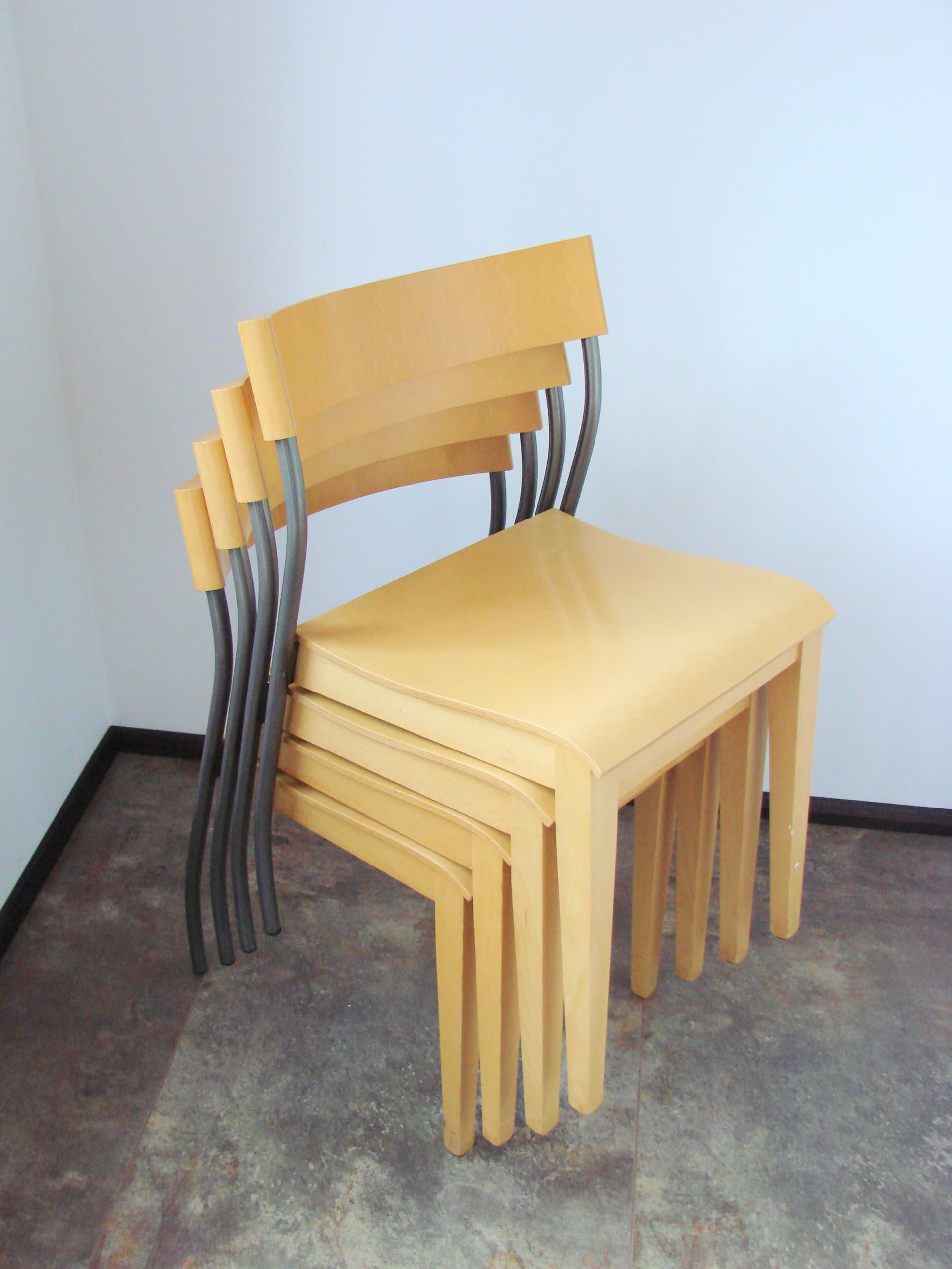 Set of four chairs Nordisk, light brown beech plywood, grey steel, by T. Christensen, Ikea, Denmark, 1990s. - 354068