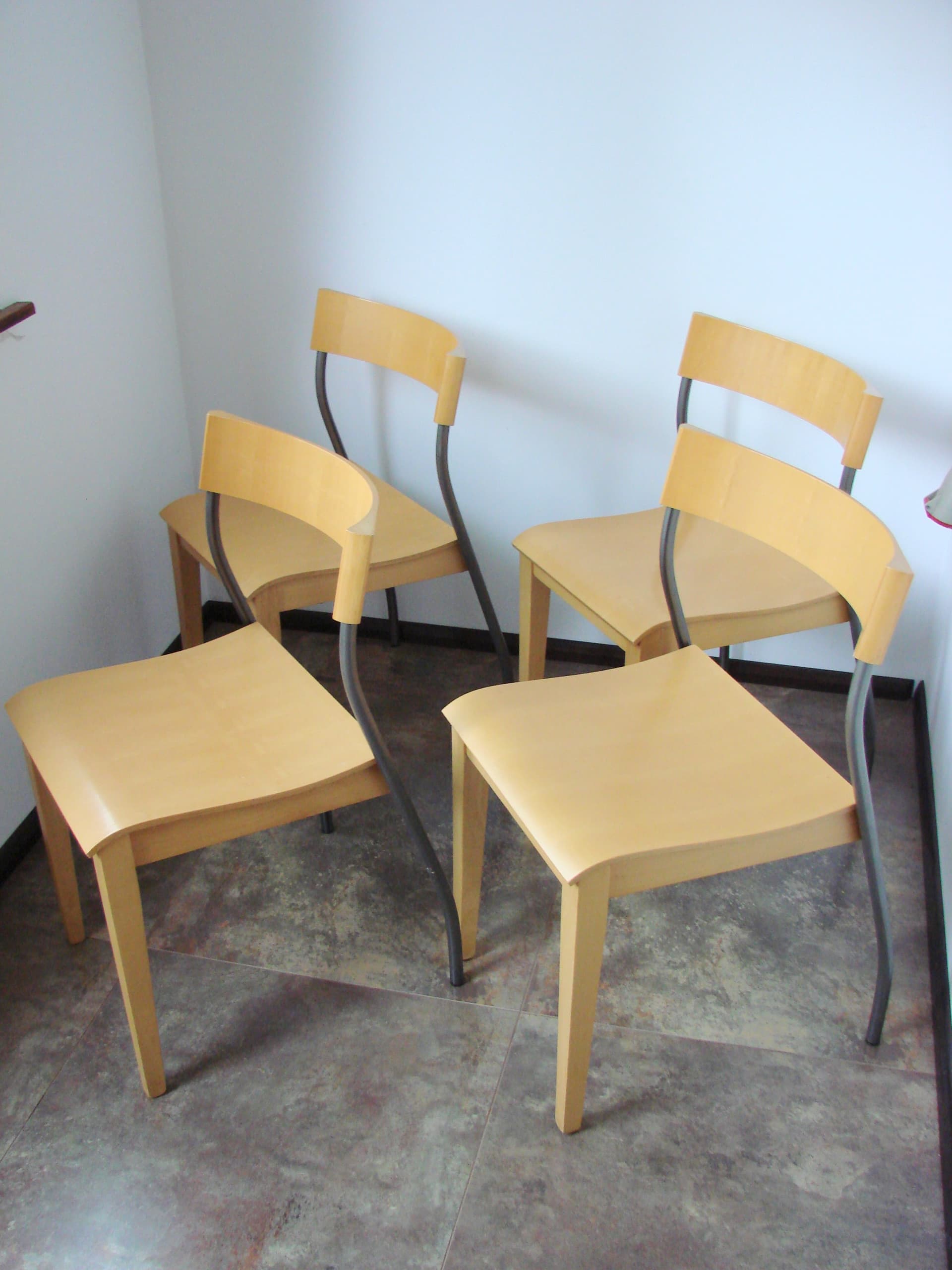 Set of four chairs Nordisk, light brown beech plywood, grey steel, by T. Christensen, Ikea, Denmark, 1990s. - 354056