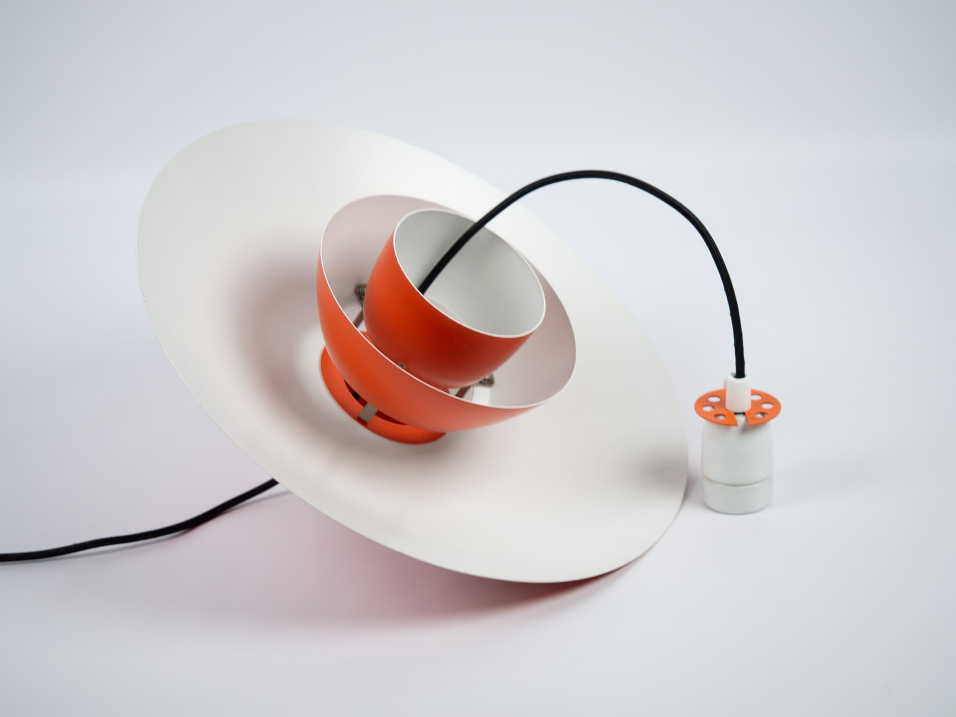 Pendant lamp PH 4/3, red orange, aluminum, by P. Henningsen, Louis Poulsen, Denmark, 1970s. - 354402