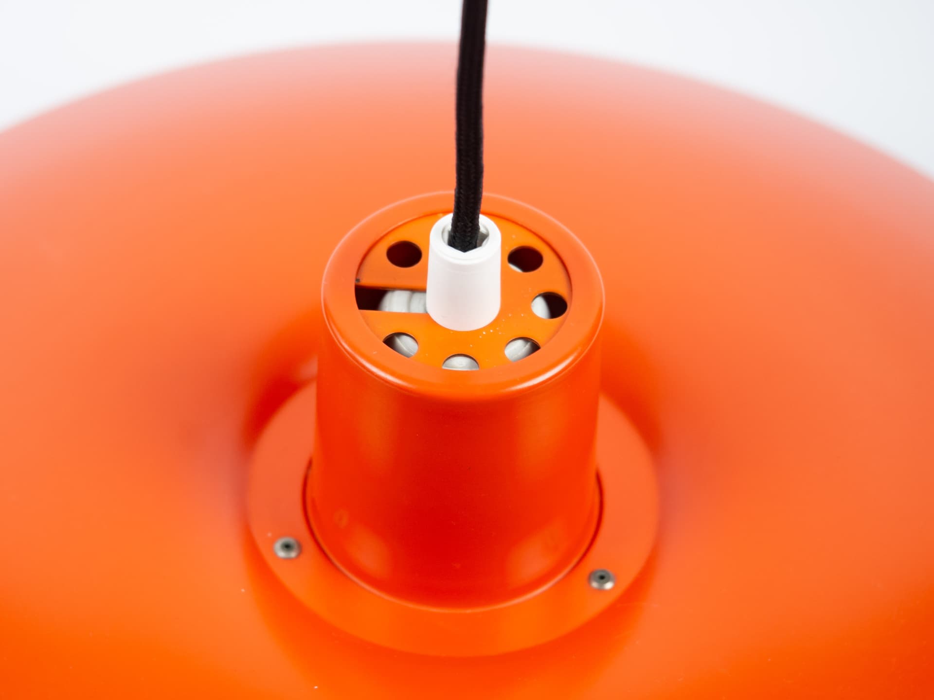 Pendant lamp PH 4/3, red orange, aluminum, by P. Henningsen, Louis Poulsen, Denmark, 1970s. - 354401