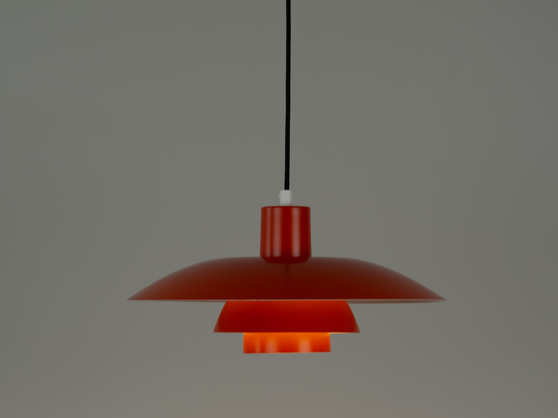 Pendant lamp PH 4/3, red orange, aluminum, by P. Henningsen, Louis Poulsen, Denmark, 1970s. - 354396