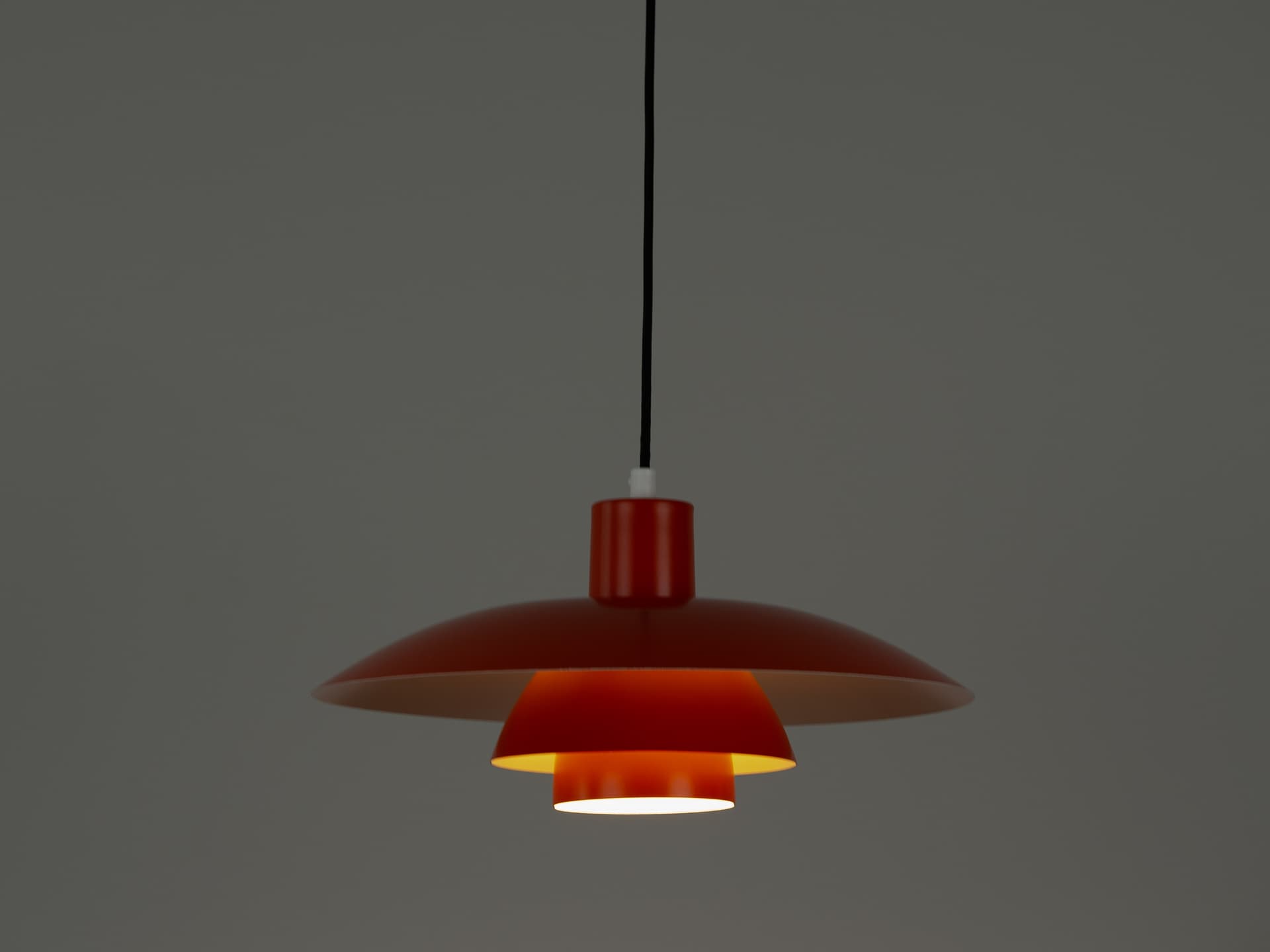 Pendant lamp PH 4/3, red orange, aluminum, by P. Henningsen, Louis Poulsen, Denmark, 1970s. - 354397