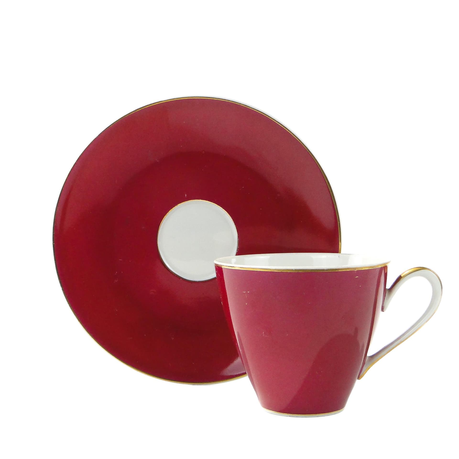 Coffee cup Feston, white red porcelain, gold, by W. Potacki, Ćmielów, Poland, 1950s