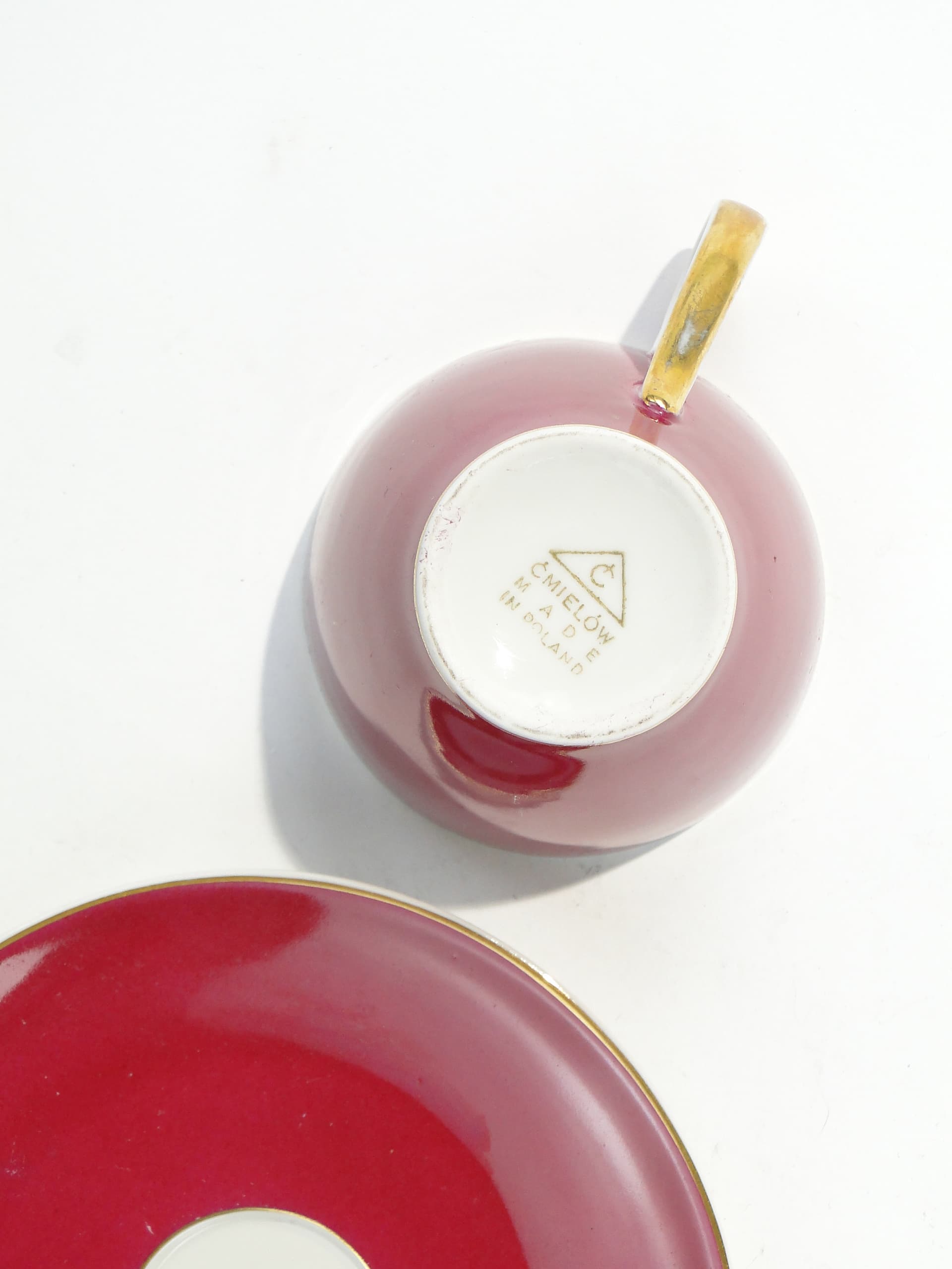 Coffee cup Feston, white red porcelain, gold, by W. Potacki, Ćmielów, Poland, 1950s - 354659