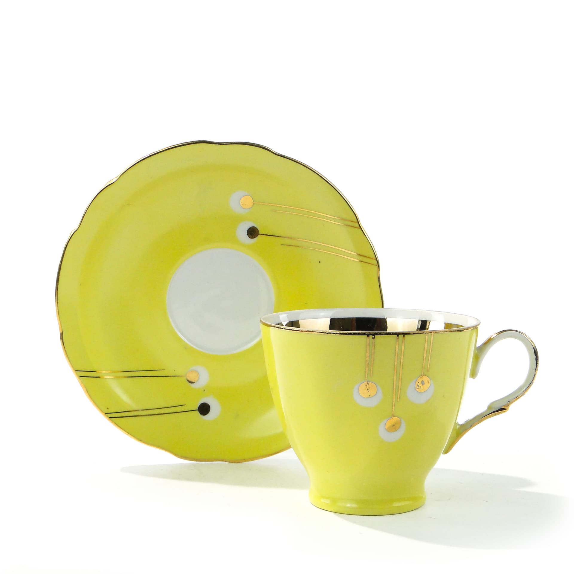 Coffee Cup Pawie Oczka, white yellow porcelain, gilded, by W. Potacki, Ćmielów, Poland, 1950s - 354667