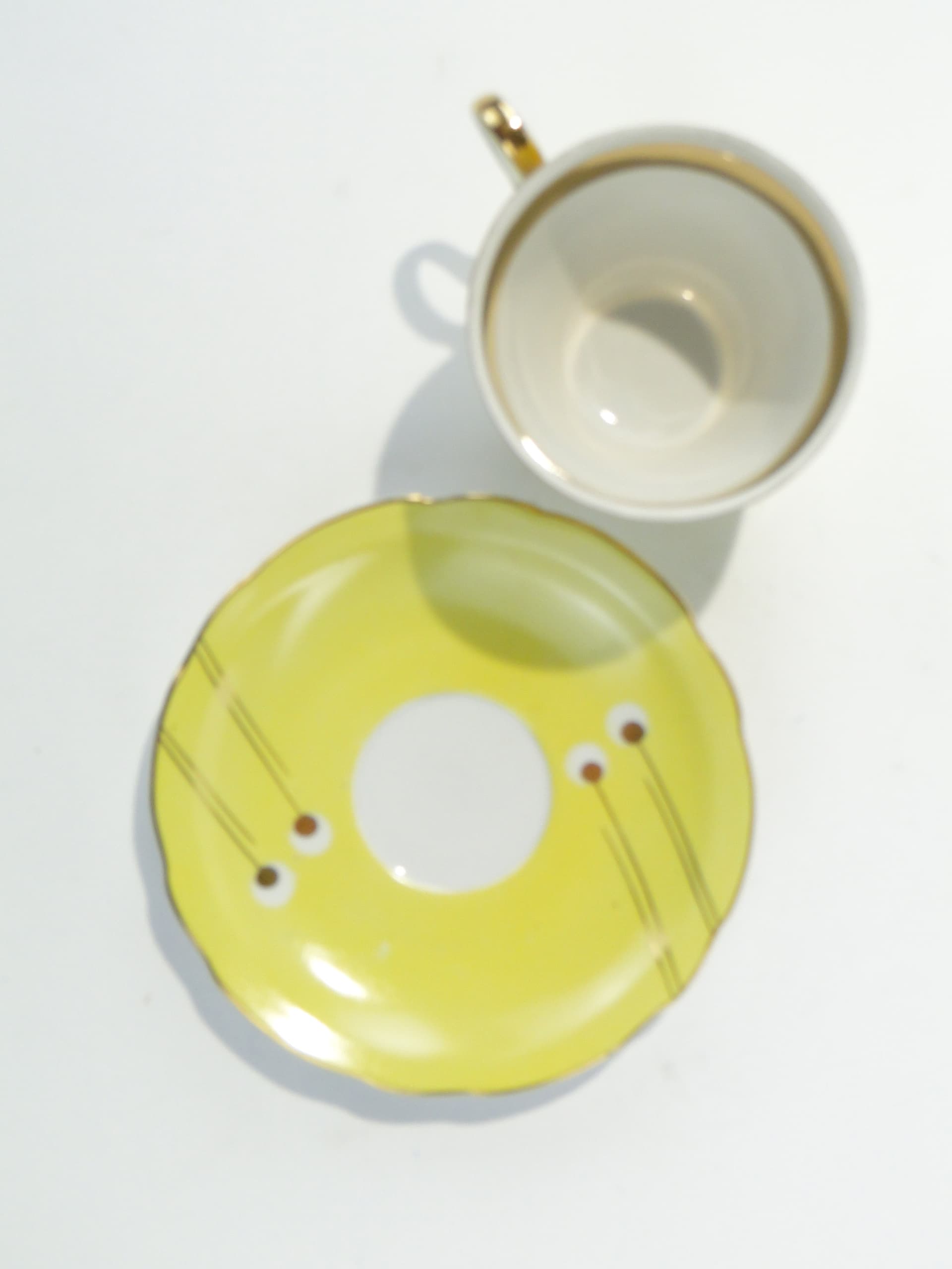 Coffee Cup Pawie Oczka, white yellow porcelain, gilded, by W. Potacki, Ćmielów, Poland, 1950s - 354672