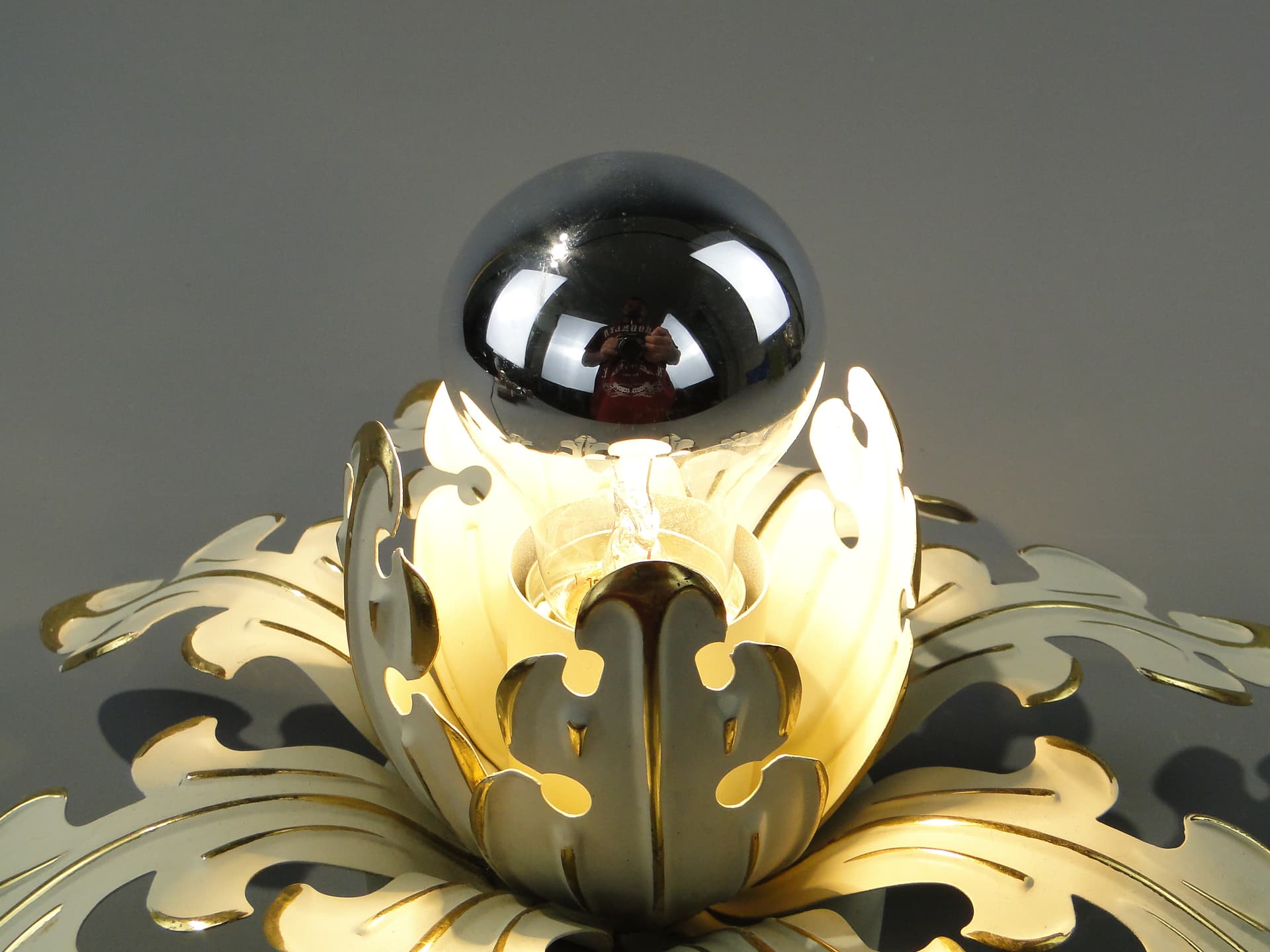 Ceiling Lamp Floral Rosette, off-white enamel, gilt brass, Germany, 1970s - 354778