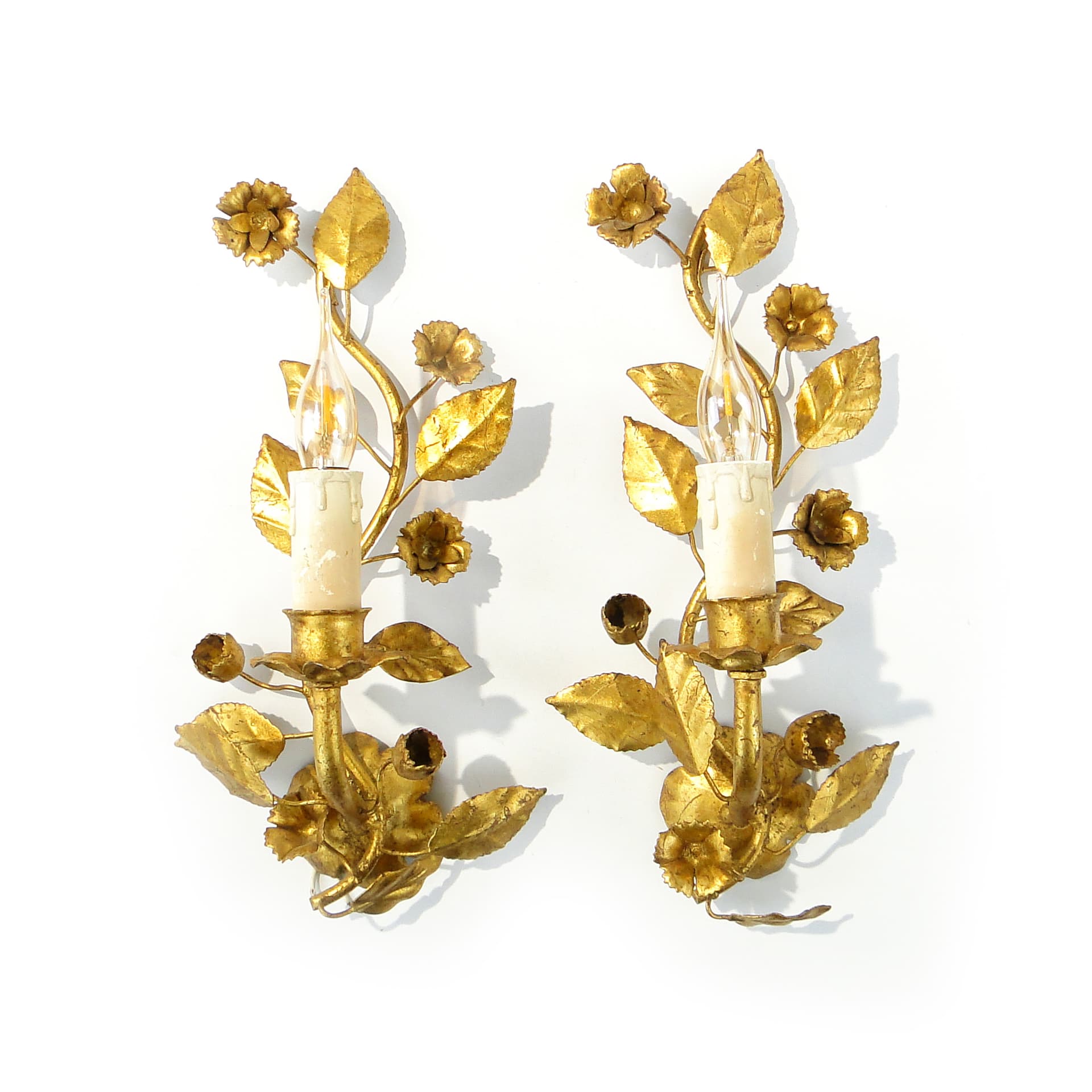 Para kinkietów florystycznych, złoty, metal, Włochy, lata 50. - 354823