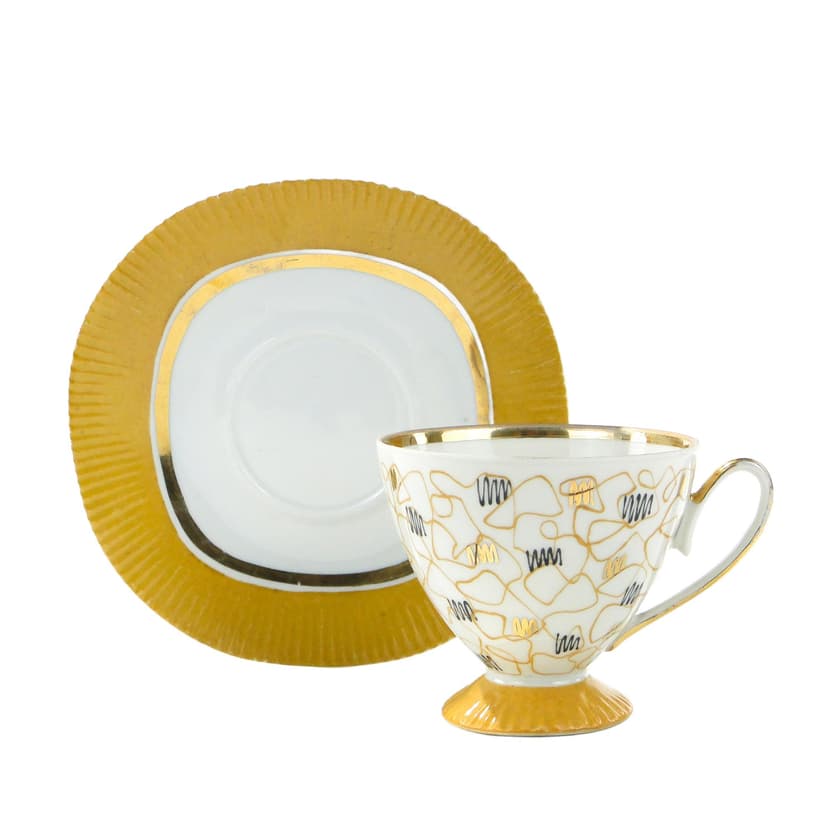 Filiżanka Regina, New Look, biała porcelana, złocenia, Ćmielów, Polska, lata 50.