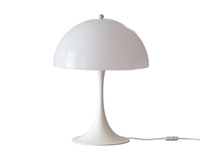 Lampa stołowa Panthella, biały, plastik, metal, proj. V. Panton, Louis Poulsen, Dania, lata 70. - WYMIARY