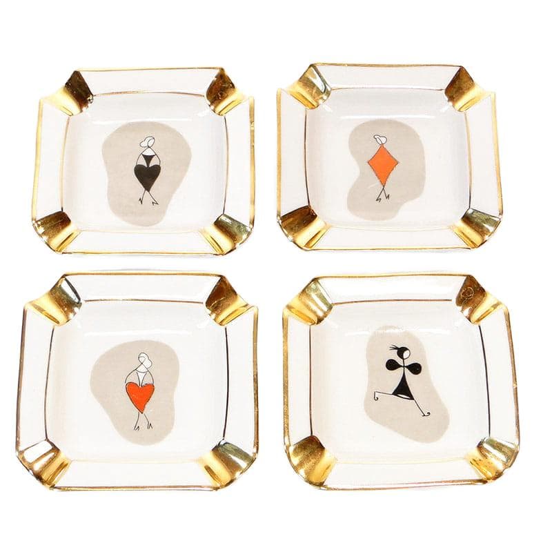 Set of Four Bridge Ashtrays, white porcelain gold-plated, Ćmielów, Poland, 1960s.