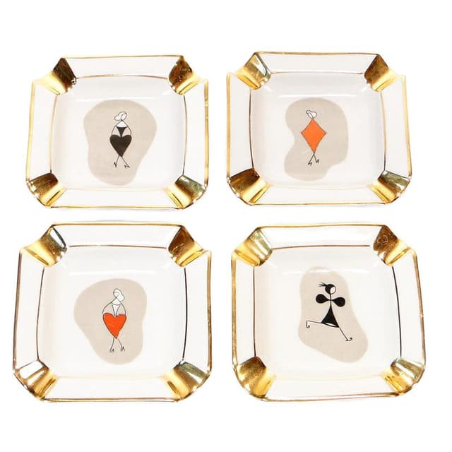 Set of Four Bridge Ashtrays, white porcelain gold-plated, Ćmielów, Poland, 1960s. - DIMENSION
