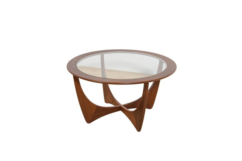 Coffee table Astro, brown teak, transparent glass, by V. Wilkins, G-Plan, United Kingdom, 1960s.