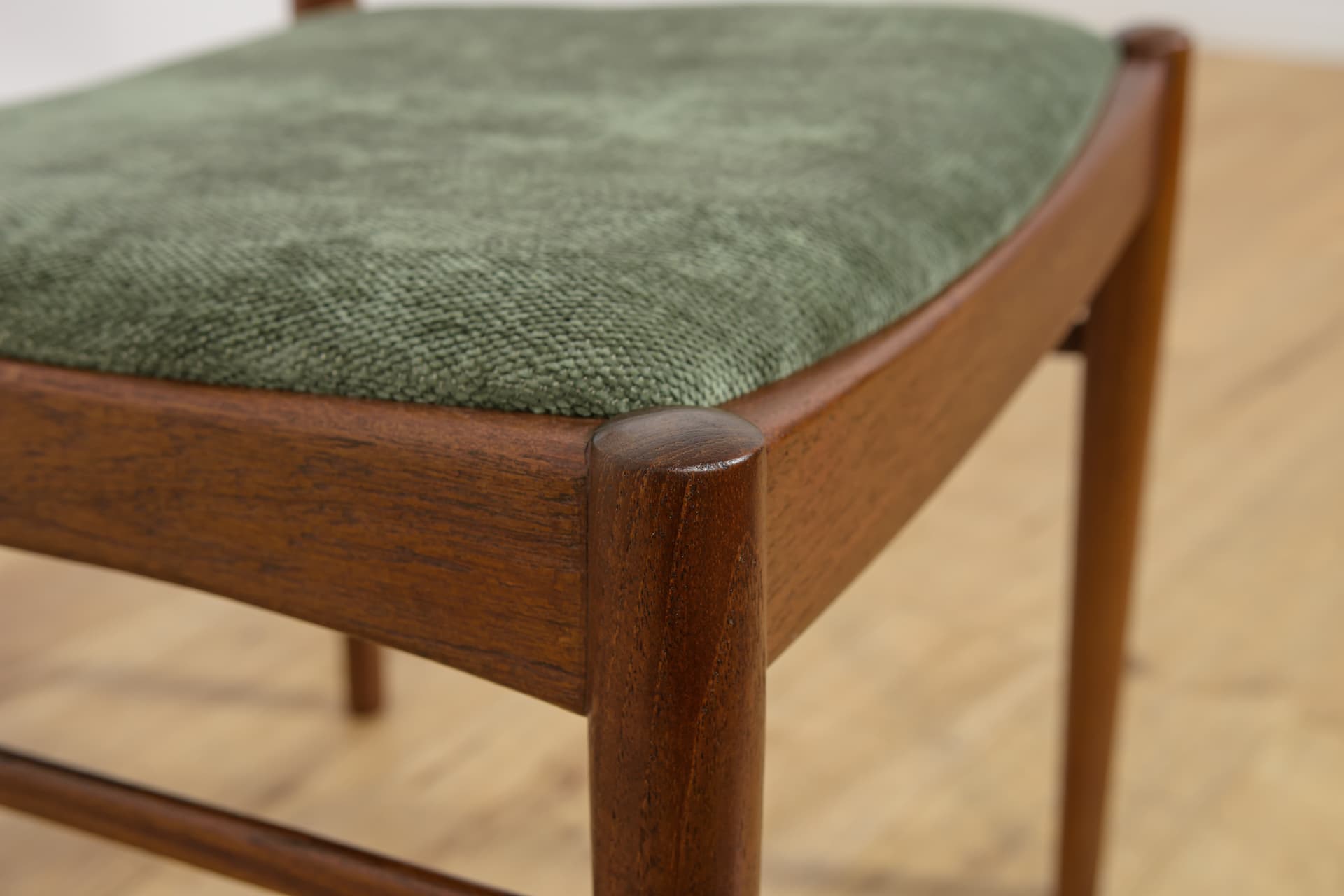 Set of four chairs Model 26, brown teak, green synthetic fabric, by H. Kjærnulf, Denmark, 1960s. - 355675
