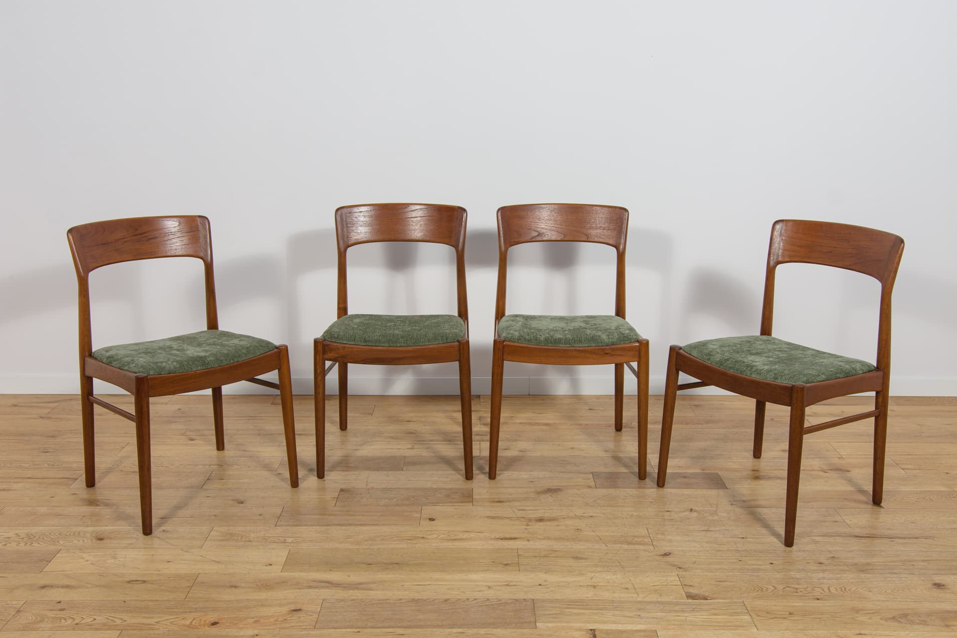 Set of four chairs Model 26, brown teak, green synthetic fabric, by H. Kjærnulf, Denmark, 1960s. - 355663