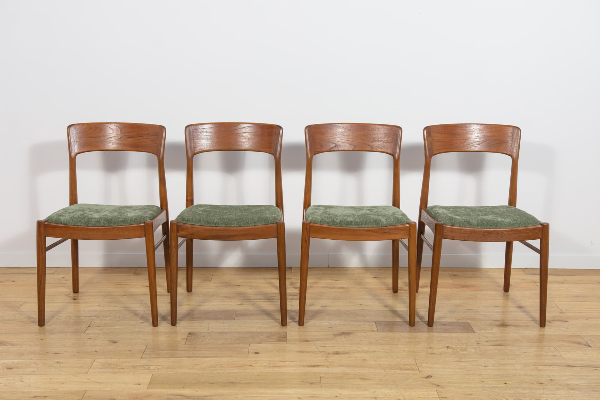 Set of four chairs Model 26, brown teak, green synthetic fabric, by H. Kjærnulf, Denmark, 1960s. - 355664