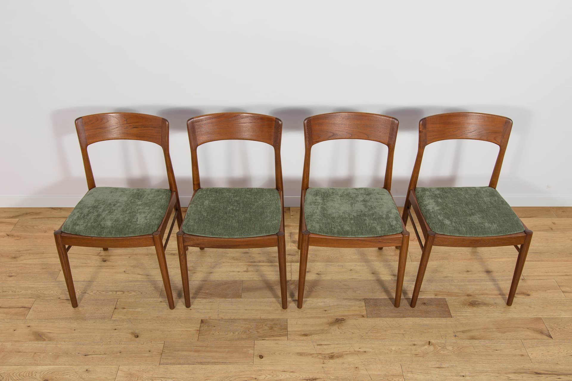 Set of four chairs Model 26, brown teak, green synthetic fabric, by H. Kjærnulf, Denmark, 1960s. - 355665