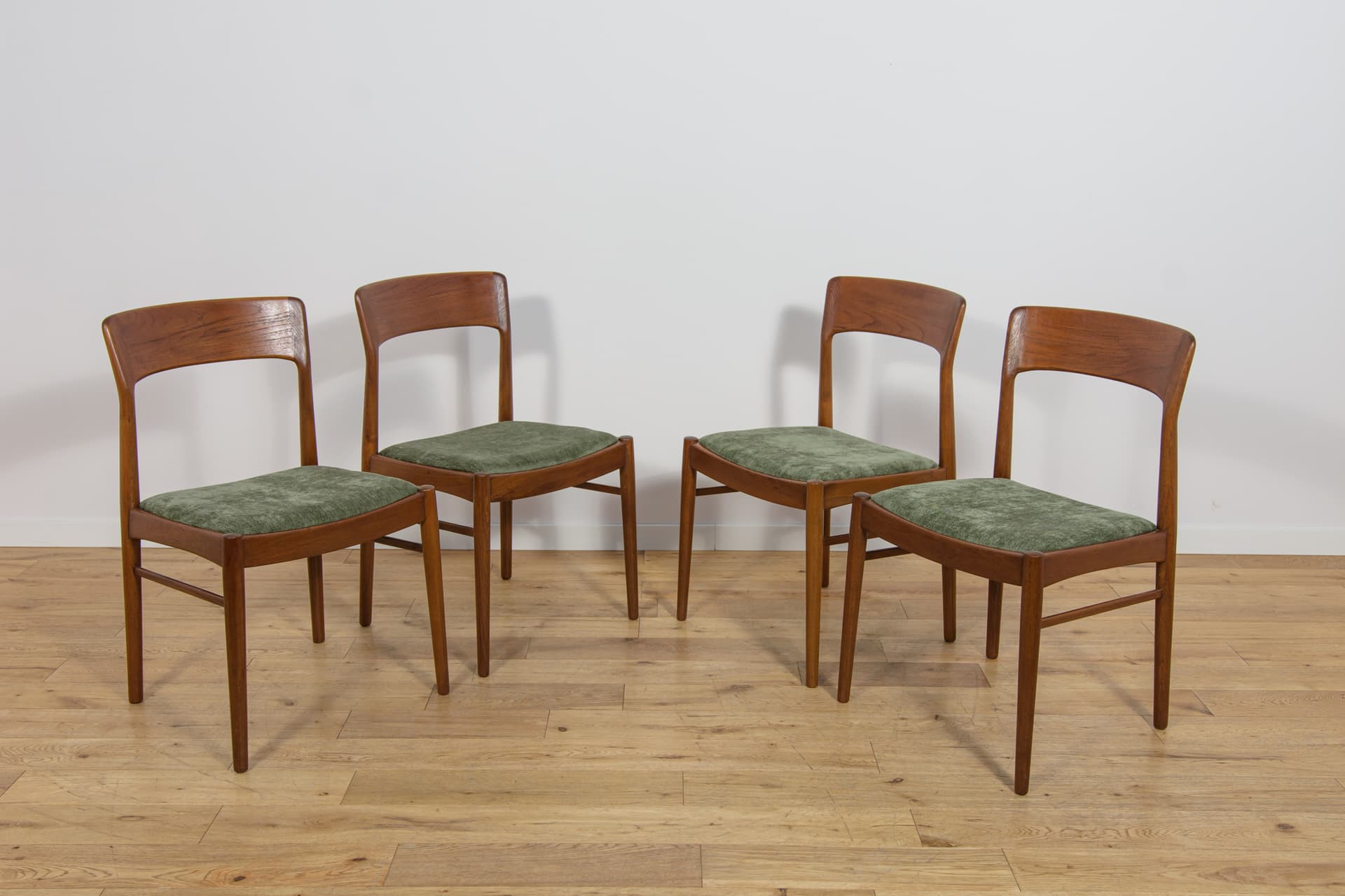 Set of four chairs Model 26, brown teak, green synthetic fabric, by H. Kjærnulf, Denmark, 1960s. - 355666