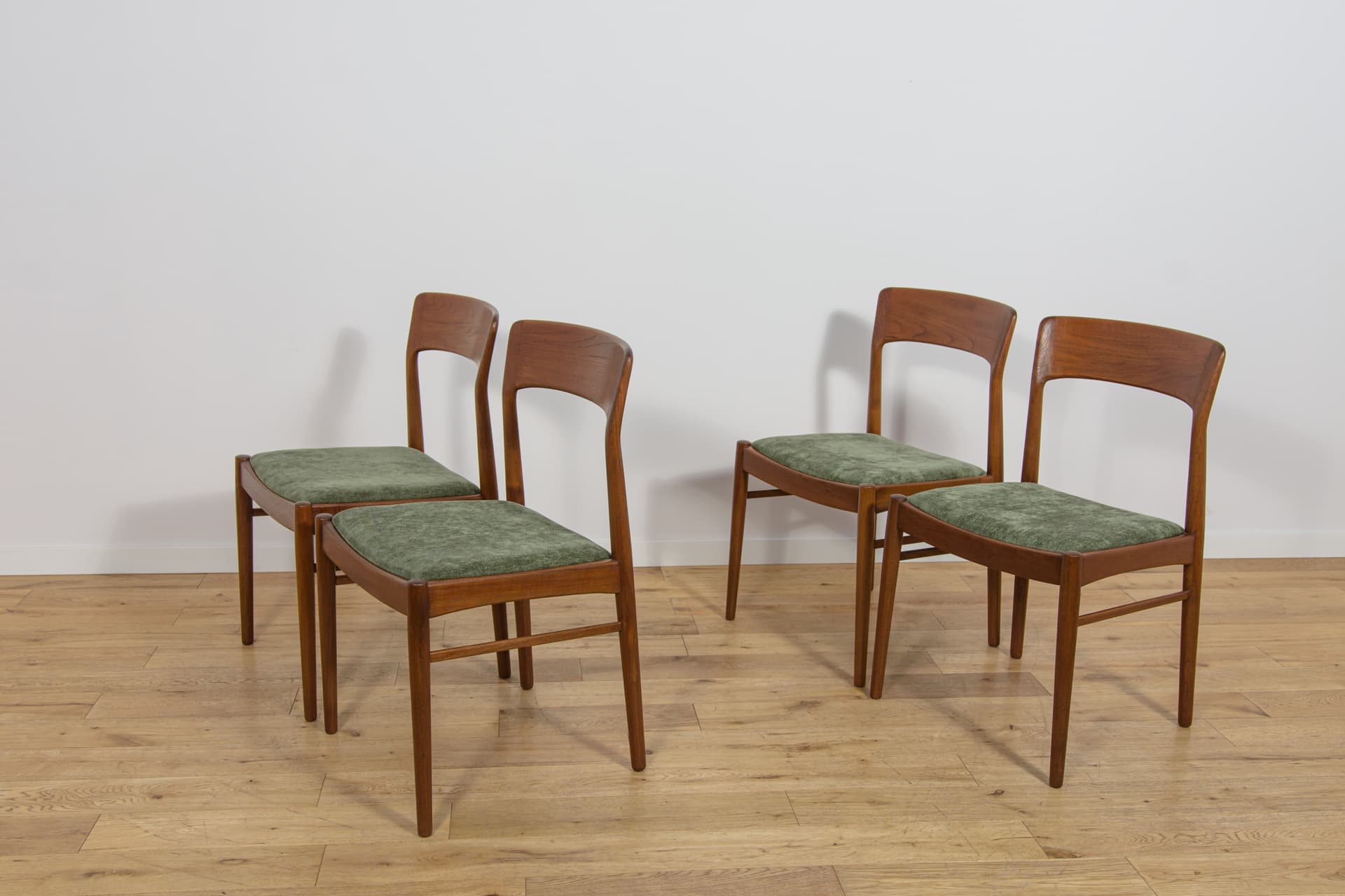 Set of four chairs Model 26, brown teak, green synthetic fabric, by H. Kjærnulf, Denmark, 1960s. - 355667