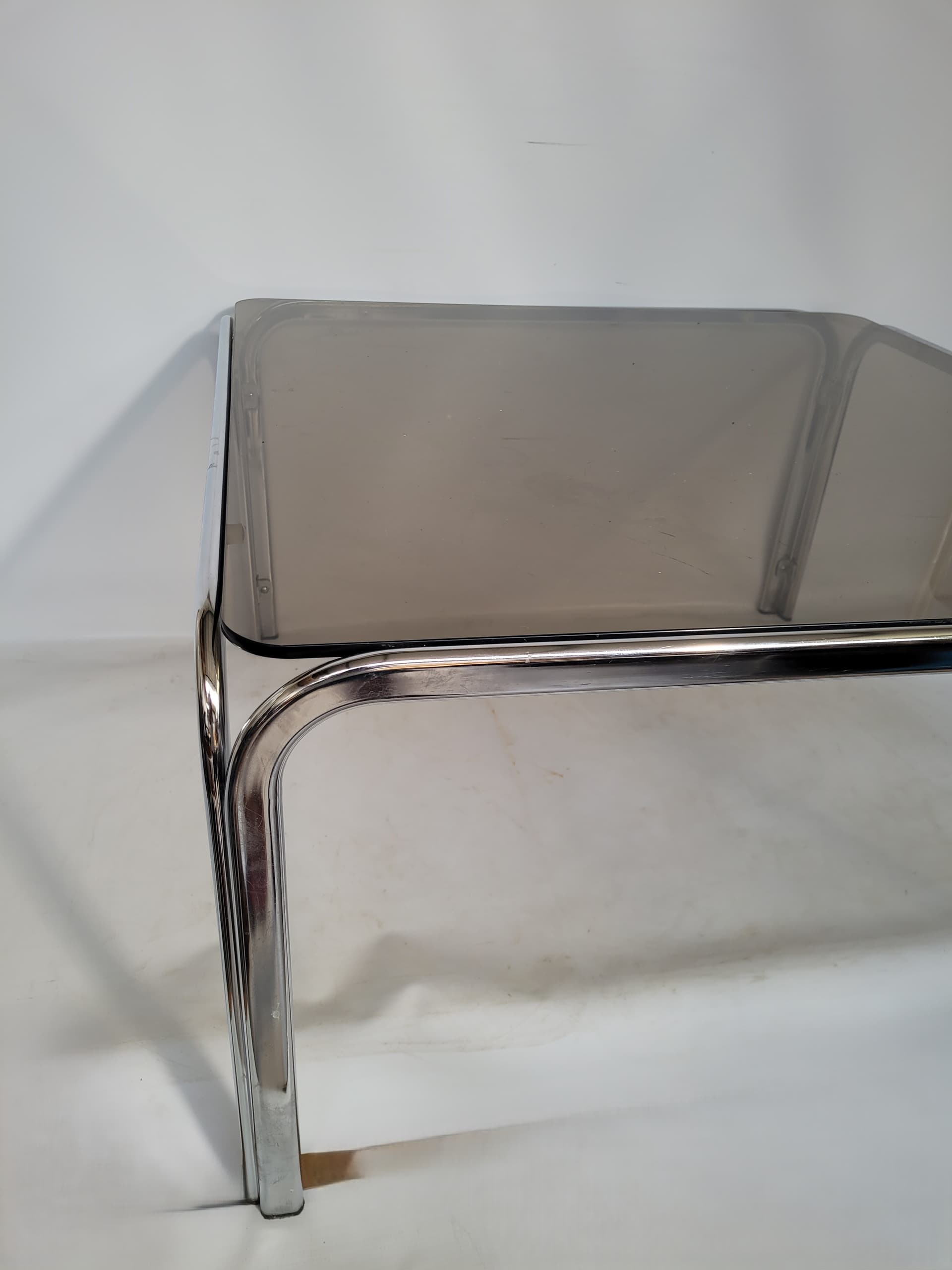 Coffee Table Bauhaus 83x83 cm, smoked glass, chrome, 1970s. - 355708