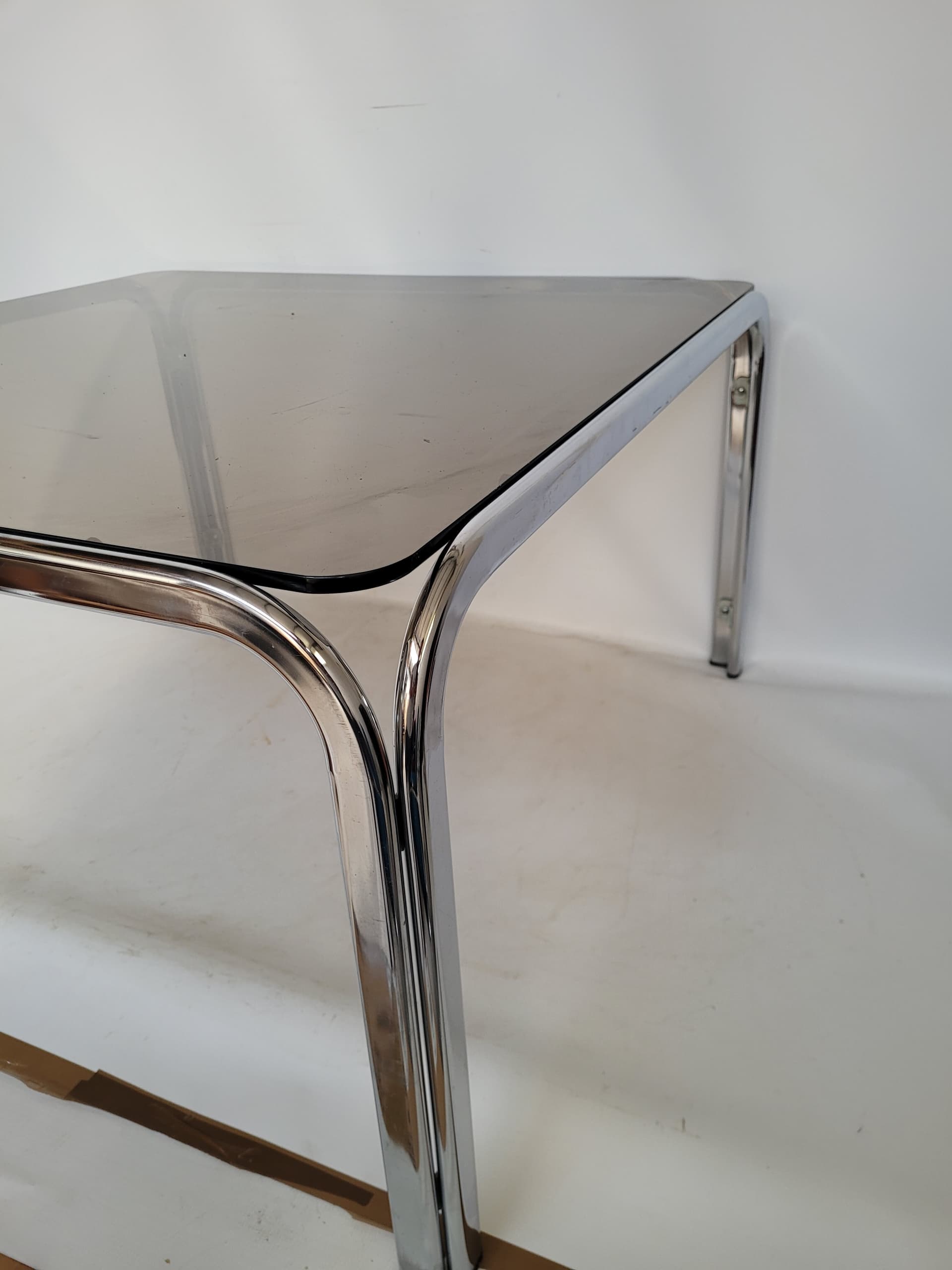 Coffee Table Bauhaus 83x83 cm, smoked glass, chrome, 1970s. - 355716