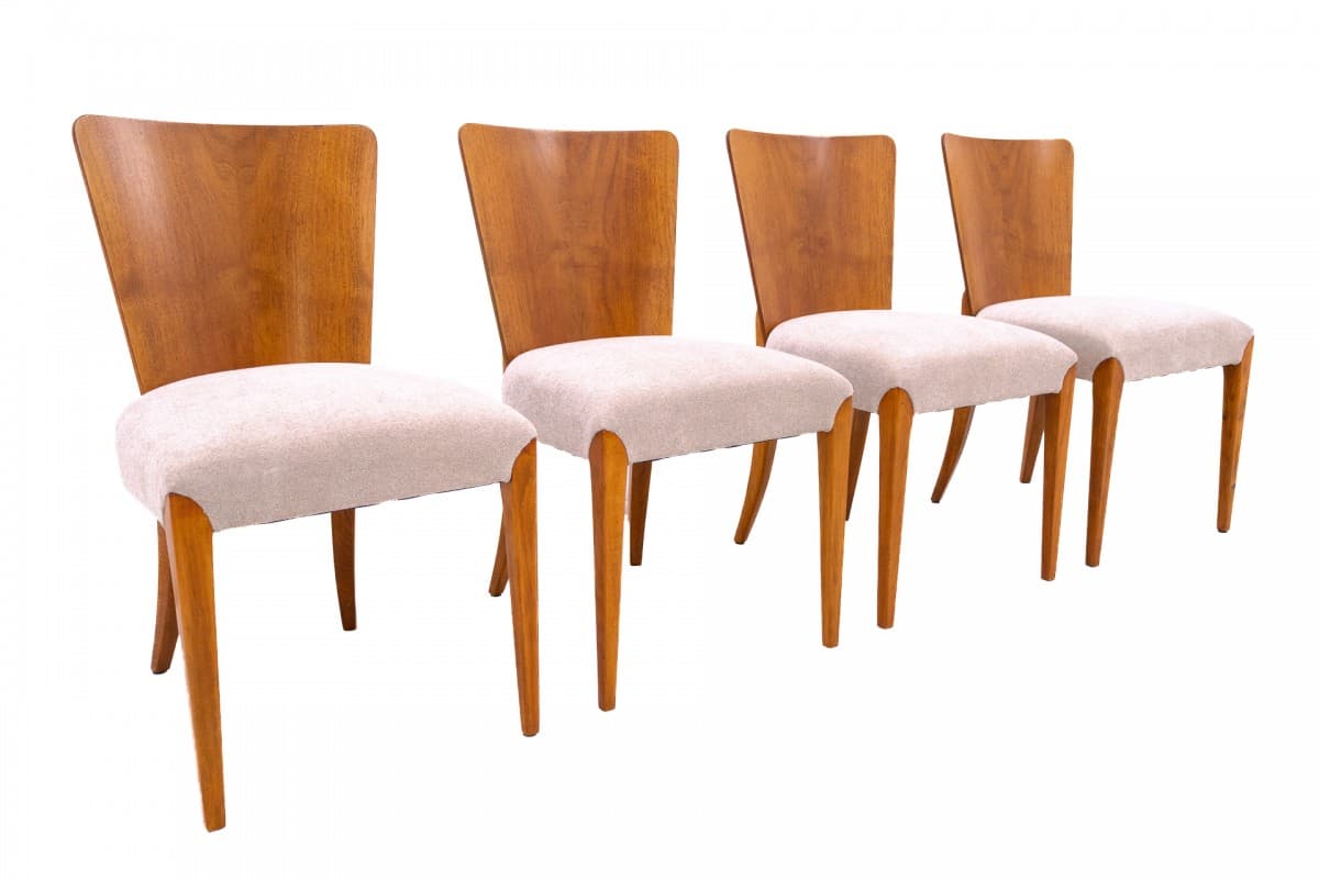 set of four chairs, honey wood, beige fabric, by J. Halabala, Czechoslovakia, 1930s - 355723