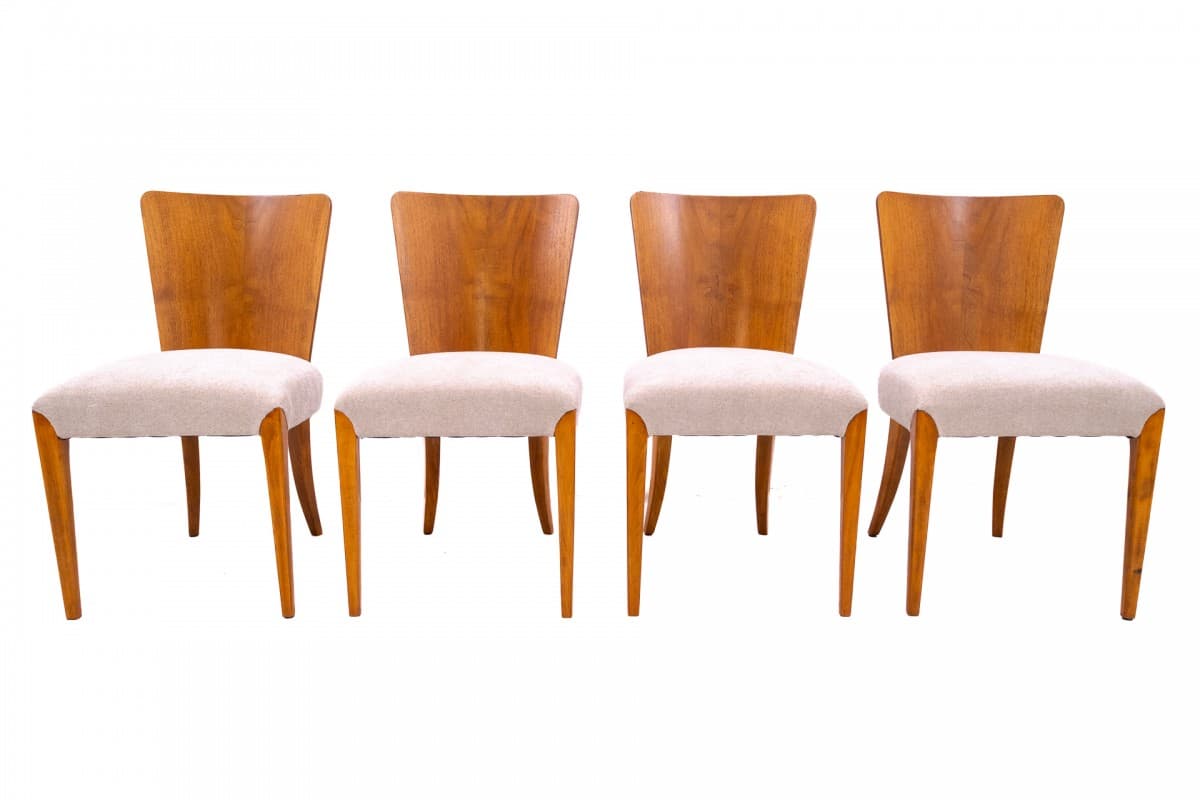 set of four chairs, honey wood, beige fabric, by J. Halabala, Czechoslovakia, 1930s - 355721