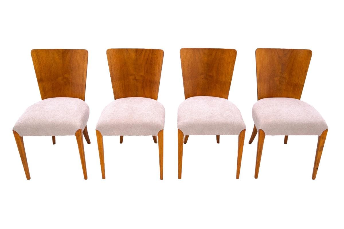 set of four chairs, honey wood, beige fabric, by J. Halabala, Czechoslovakia, 1930s