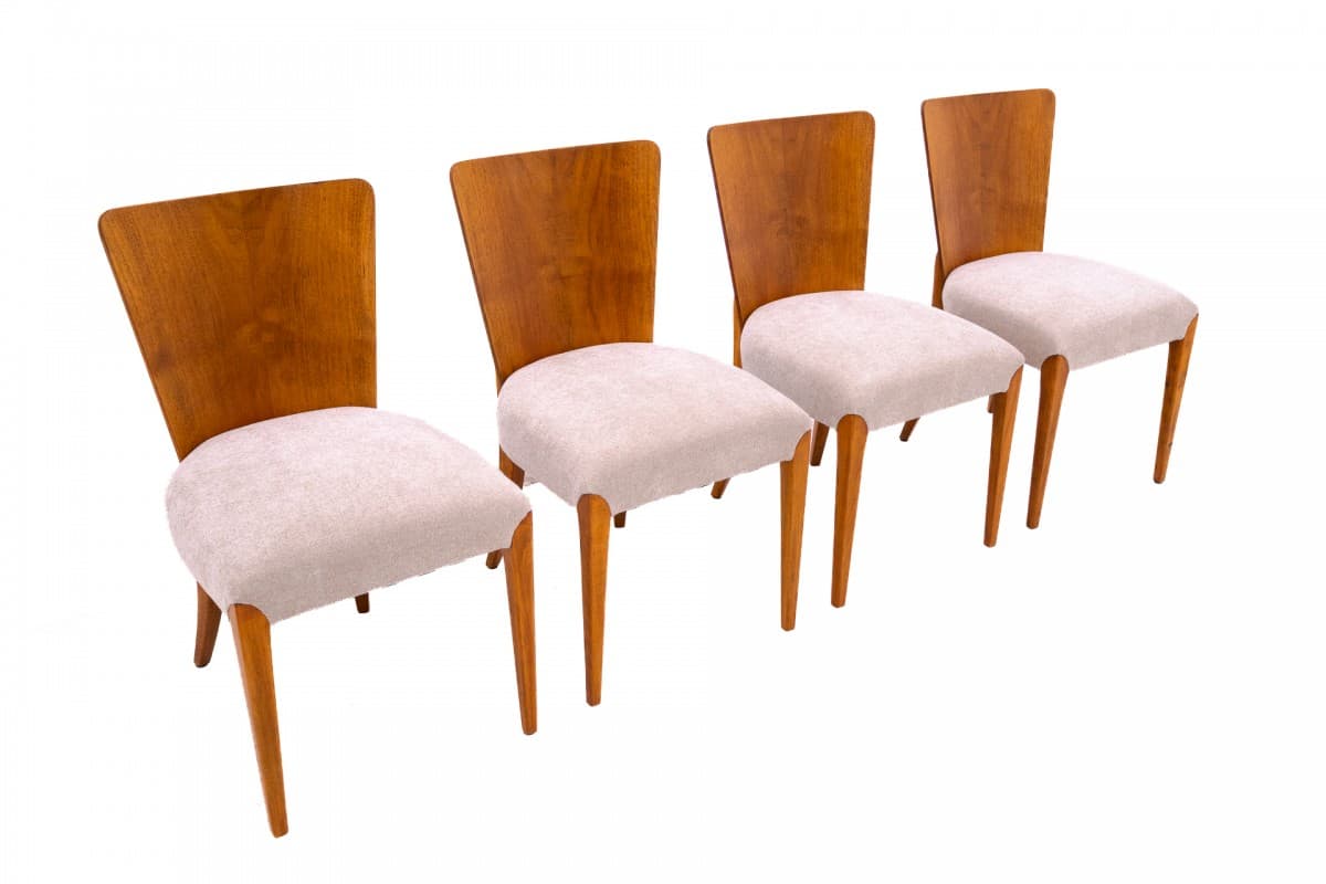set of four chairs, honey wood, beige fabric, by J. Halabala, Czechoslovakia, 1930s - 355722
