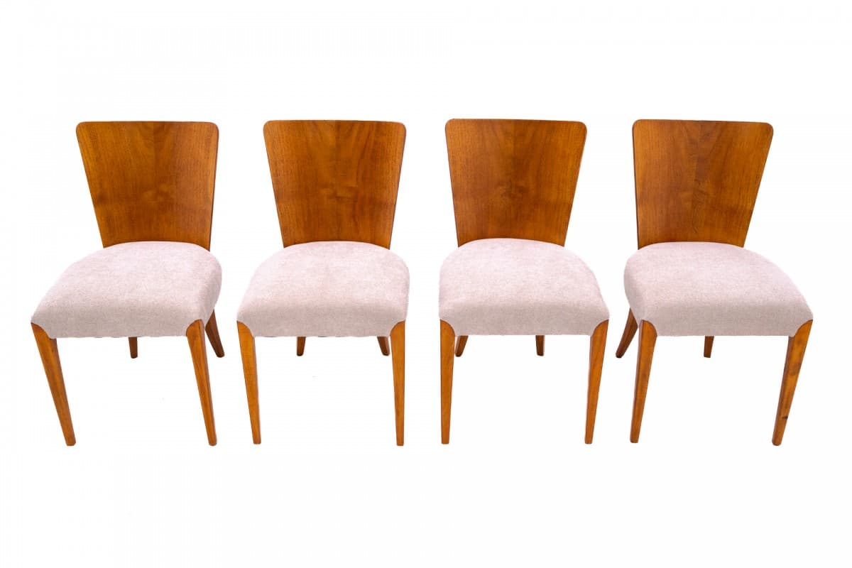 set of four chairs, honey wood, beige fabric, by J. Halabala, Czechoslovakia, 1930s - 355720