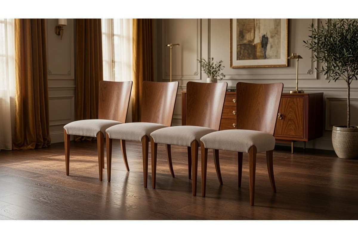set of four chairs, honey wood, beige fabric, by J. Halabala, Czechoslovakia, 1930s - 355733