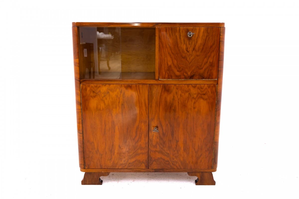 Komoda Art Deco, orzech brązowy, szkło, metal, Polska, lata 40. - 355898